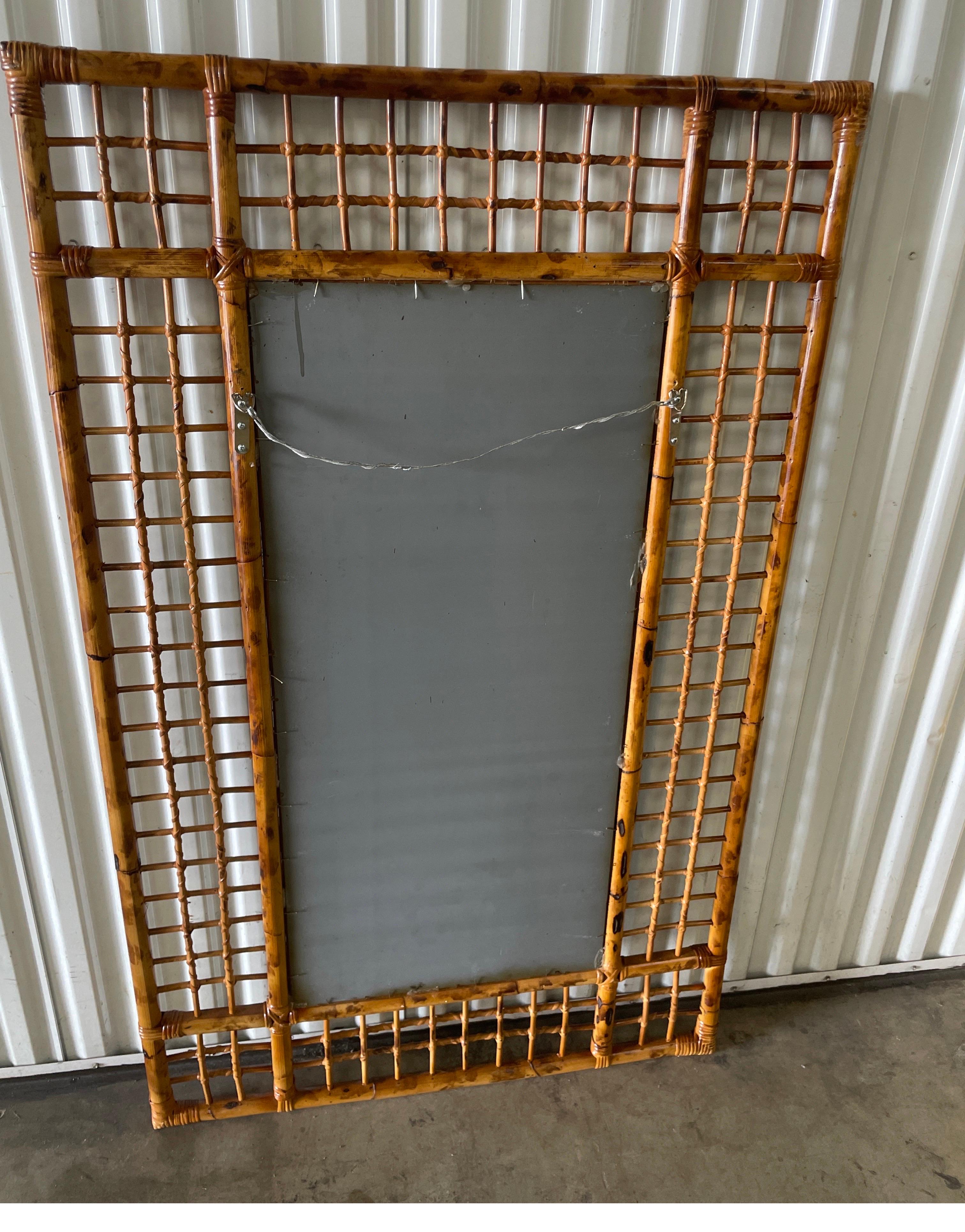 Large Burnt Bamboo Lattice Frame Wall Mirror For Sale 2