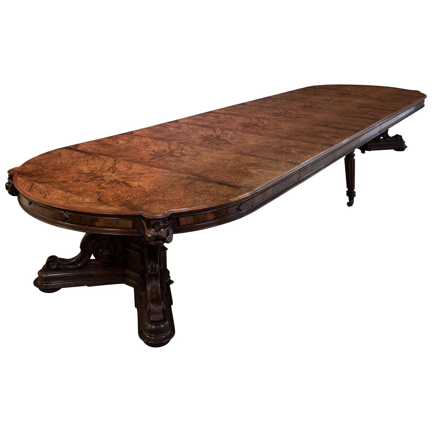 Large Burr Walnut Extending Dining Table or Boardroom Table, circa 1851