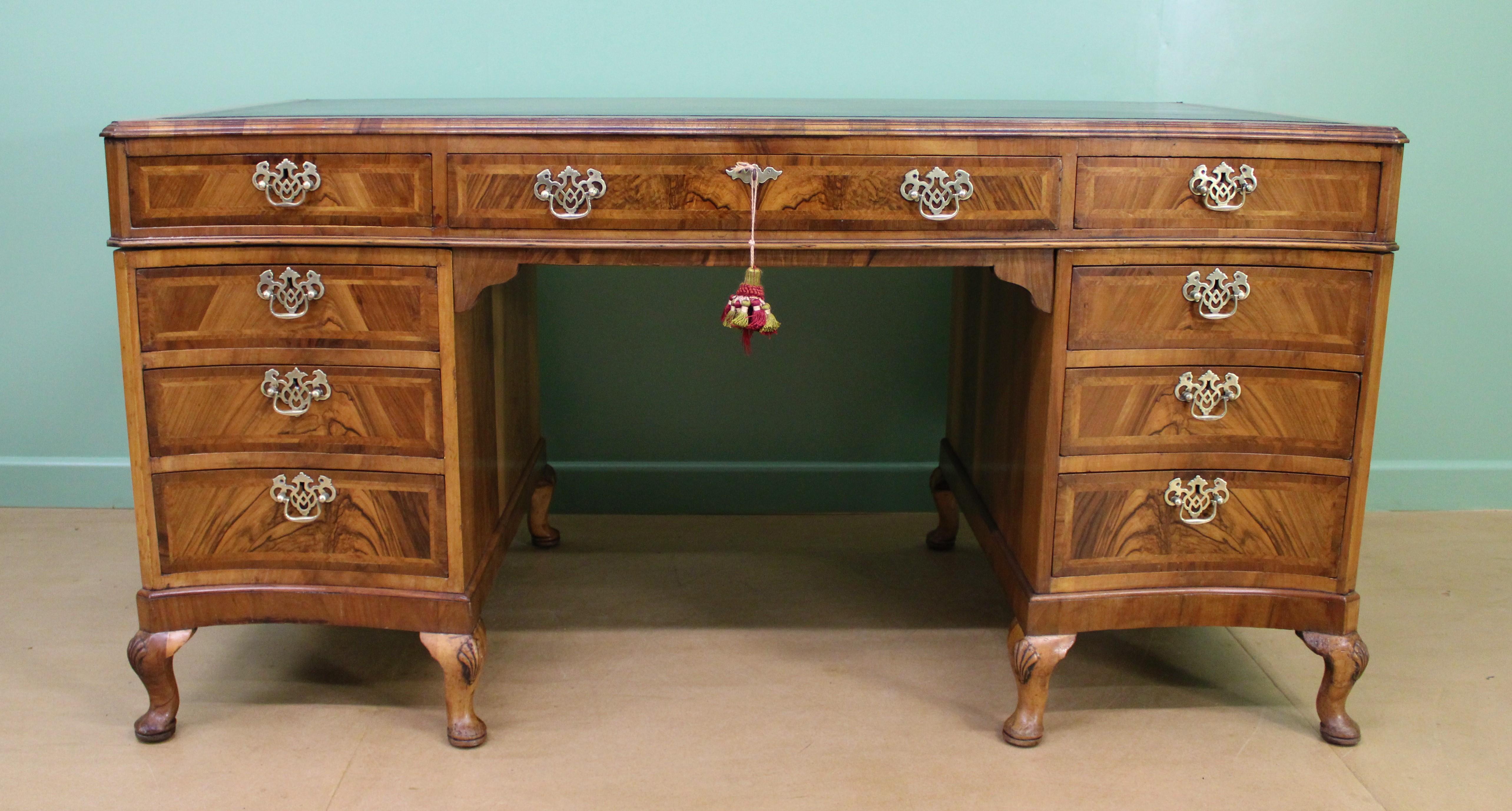 Queen Anne Large Burr Walnut Pedestal Desk For Sale