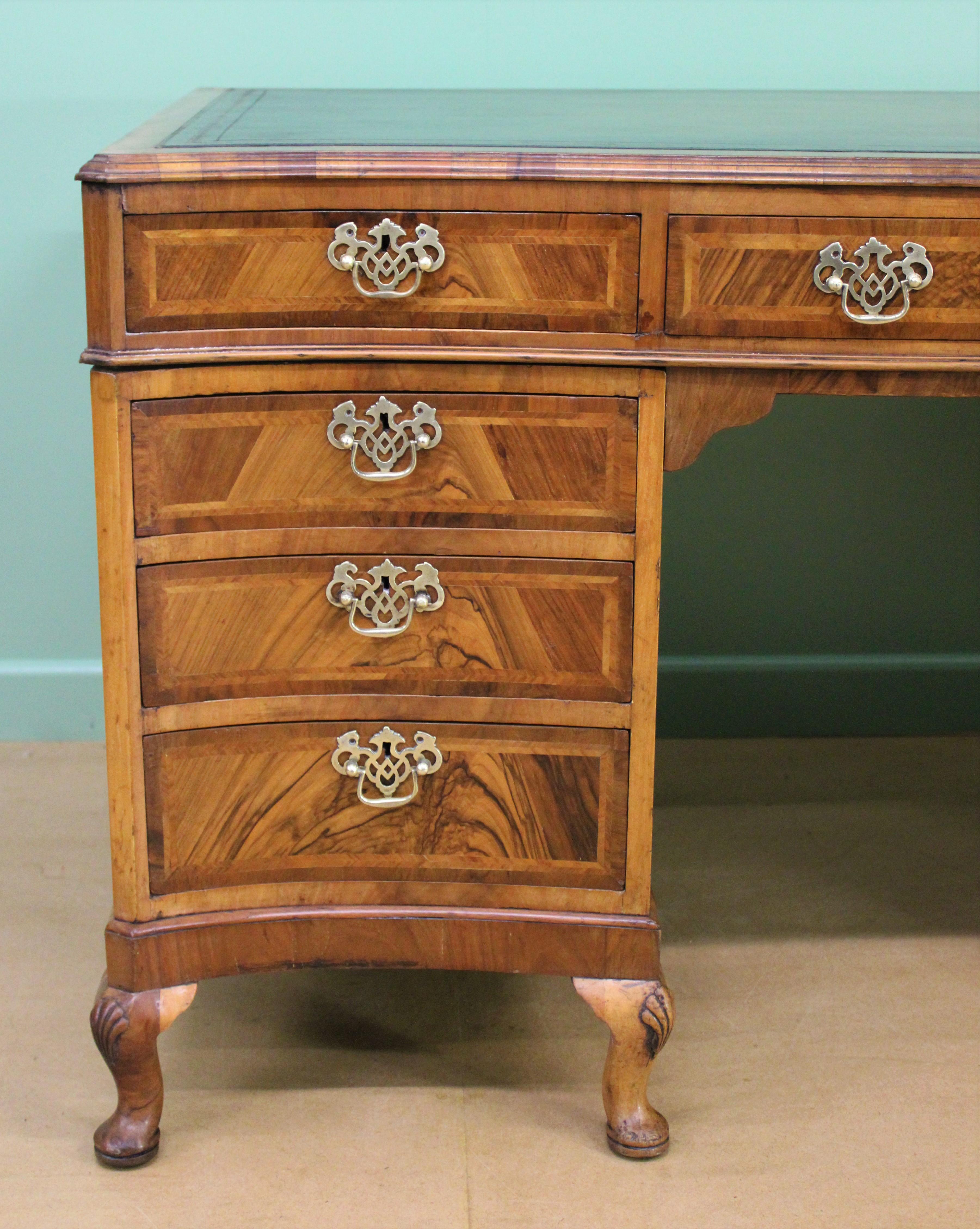 English Large Burr Walnut Pedestal Desk For Sale