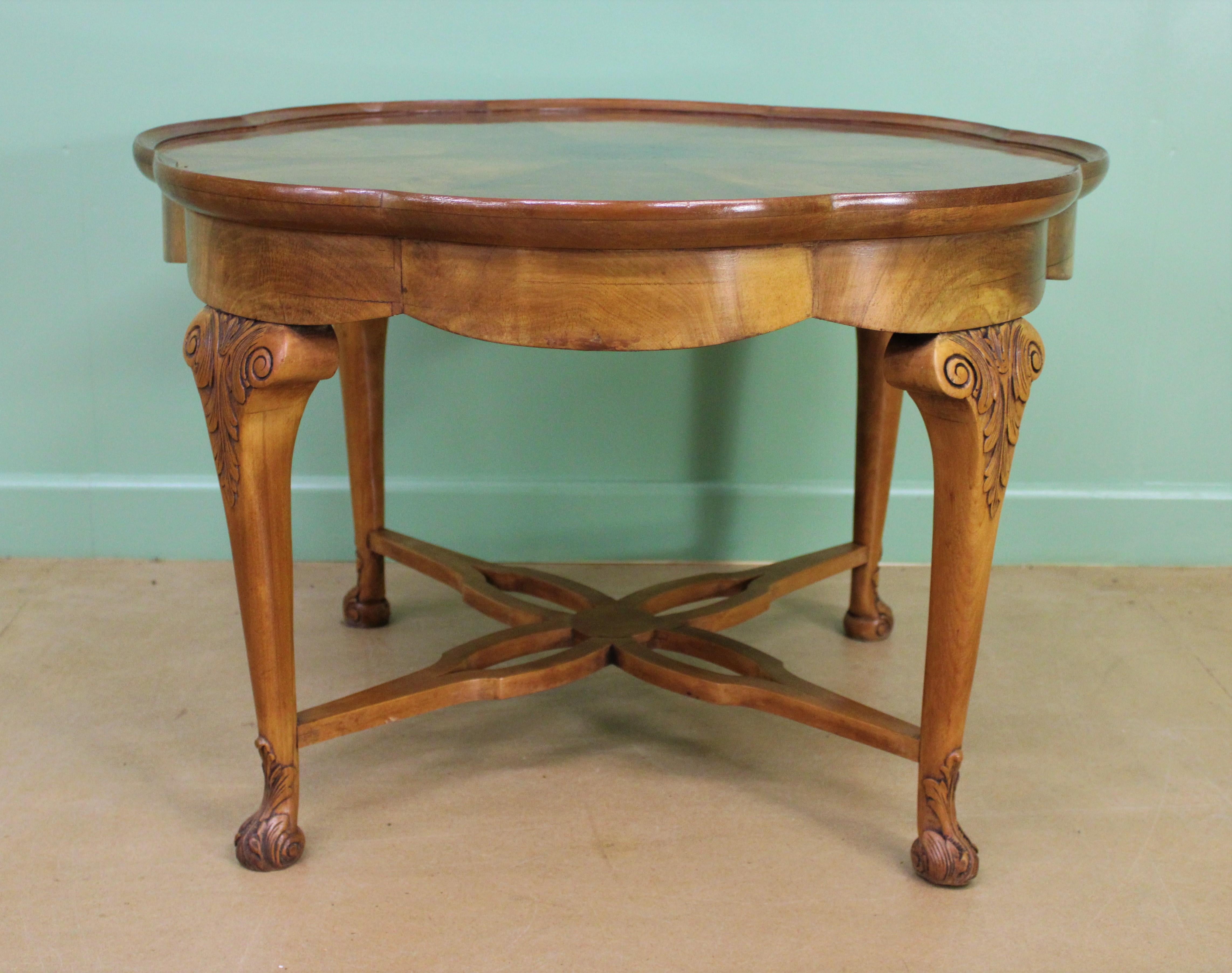 Queen Anne Large Burr Walnut Shaped Top Coffee Table For Sale