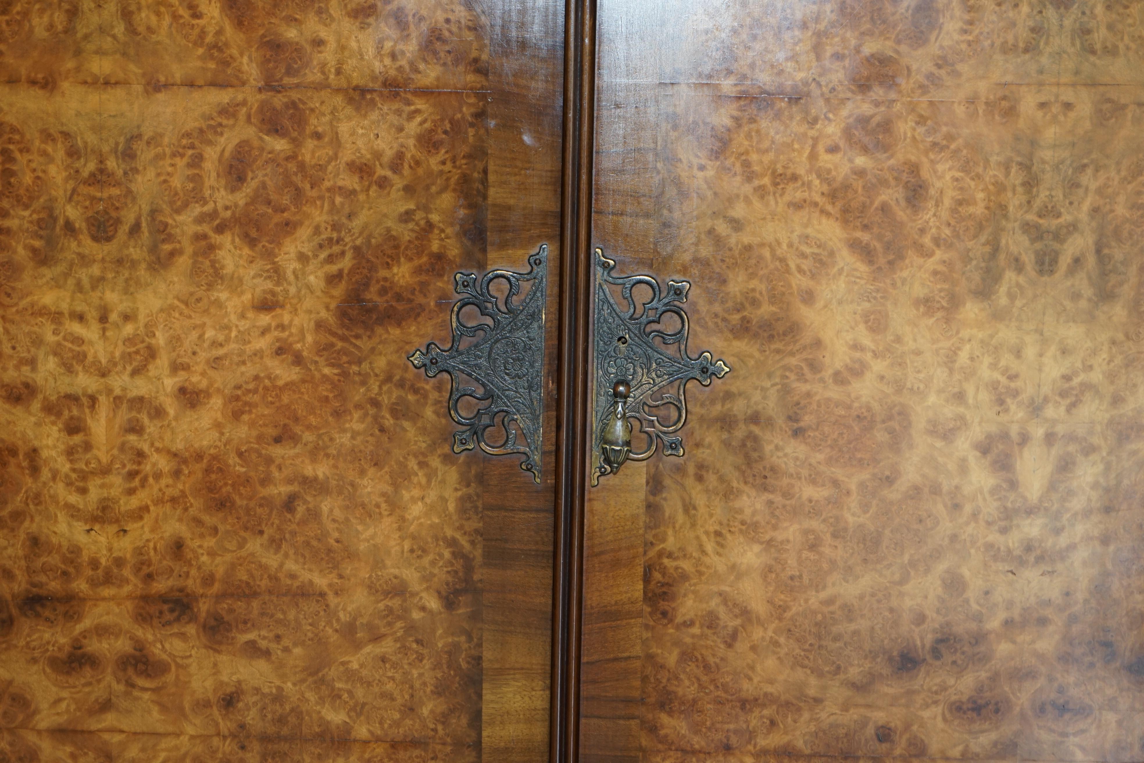 English Large Burr Walnut Vintage circa 1930's Wardrobe with Serpentine Curved Top Panel