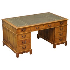 Large Burr Yew Wood & Green Leather Twin Pedestal Partner Desk Lovely Timber