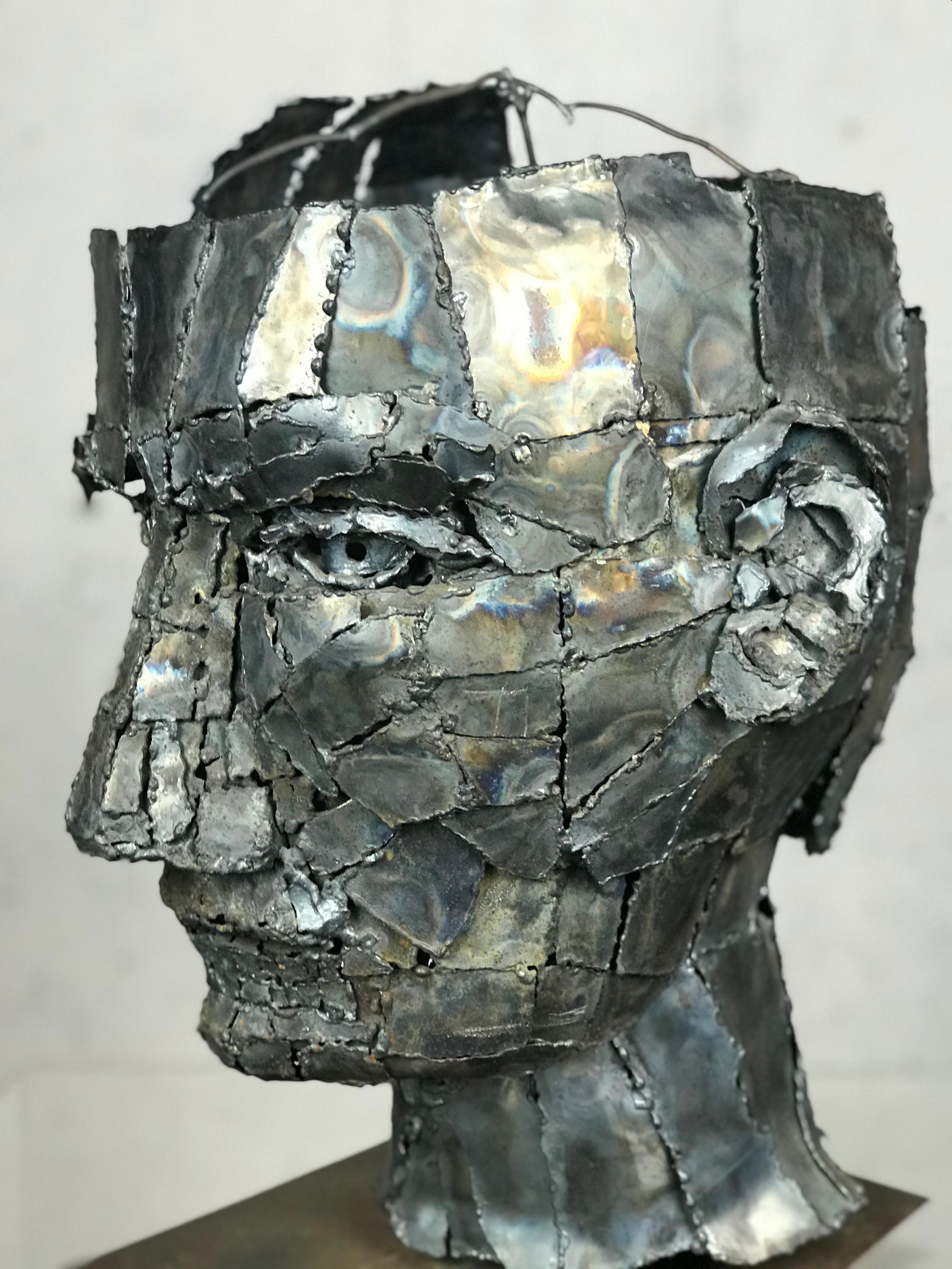 Mid-Century Modern Large Expressionist Segmented Metal Bust Sculpture 