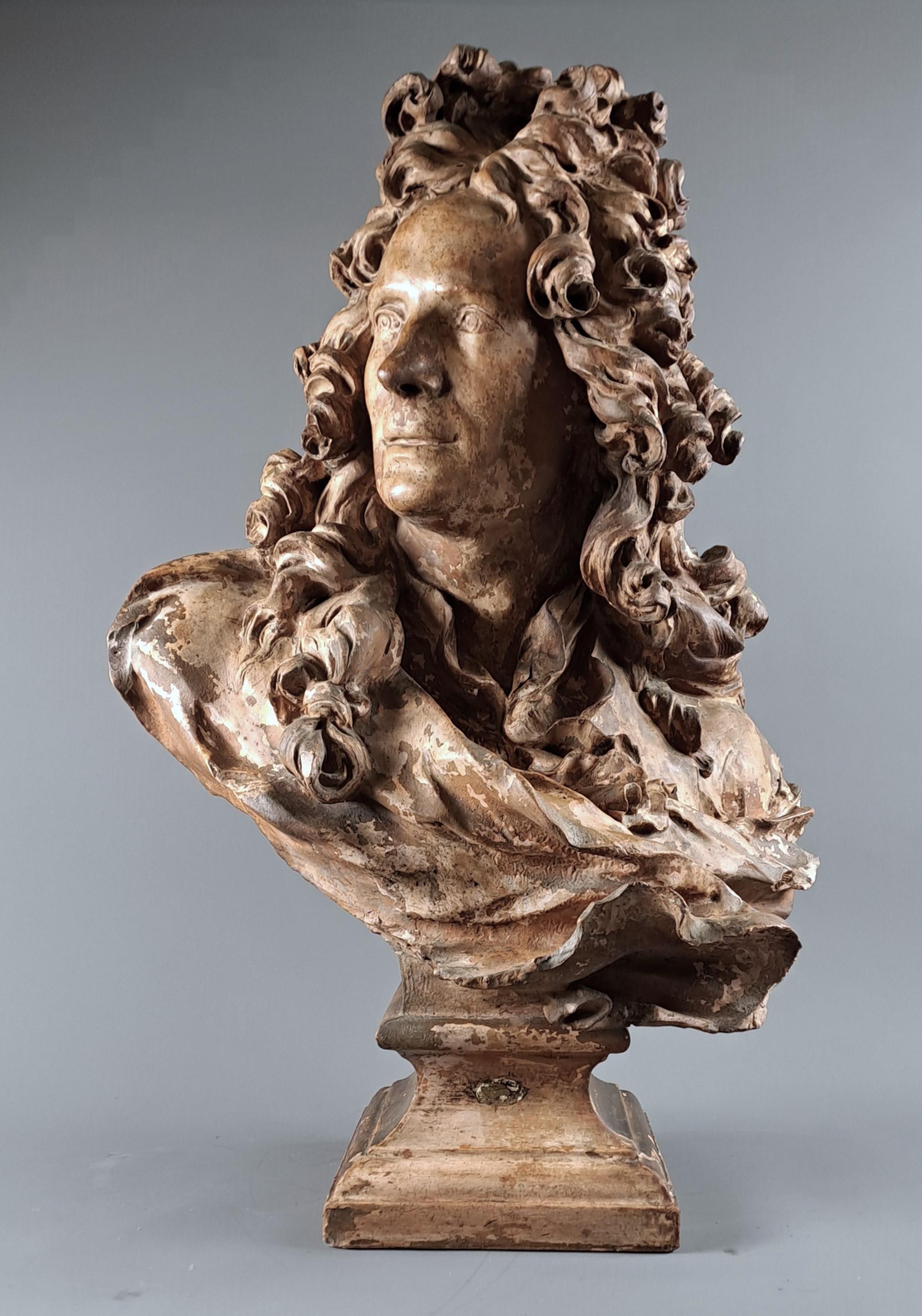 French Large Bust Of Corneille Van Cleve In Terracotta After Caffieri Jean-jacques For Sale