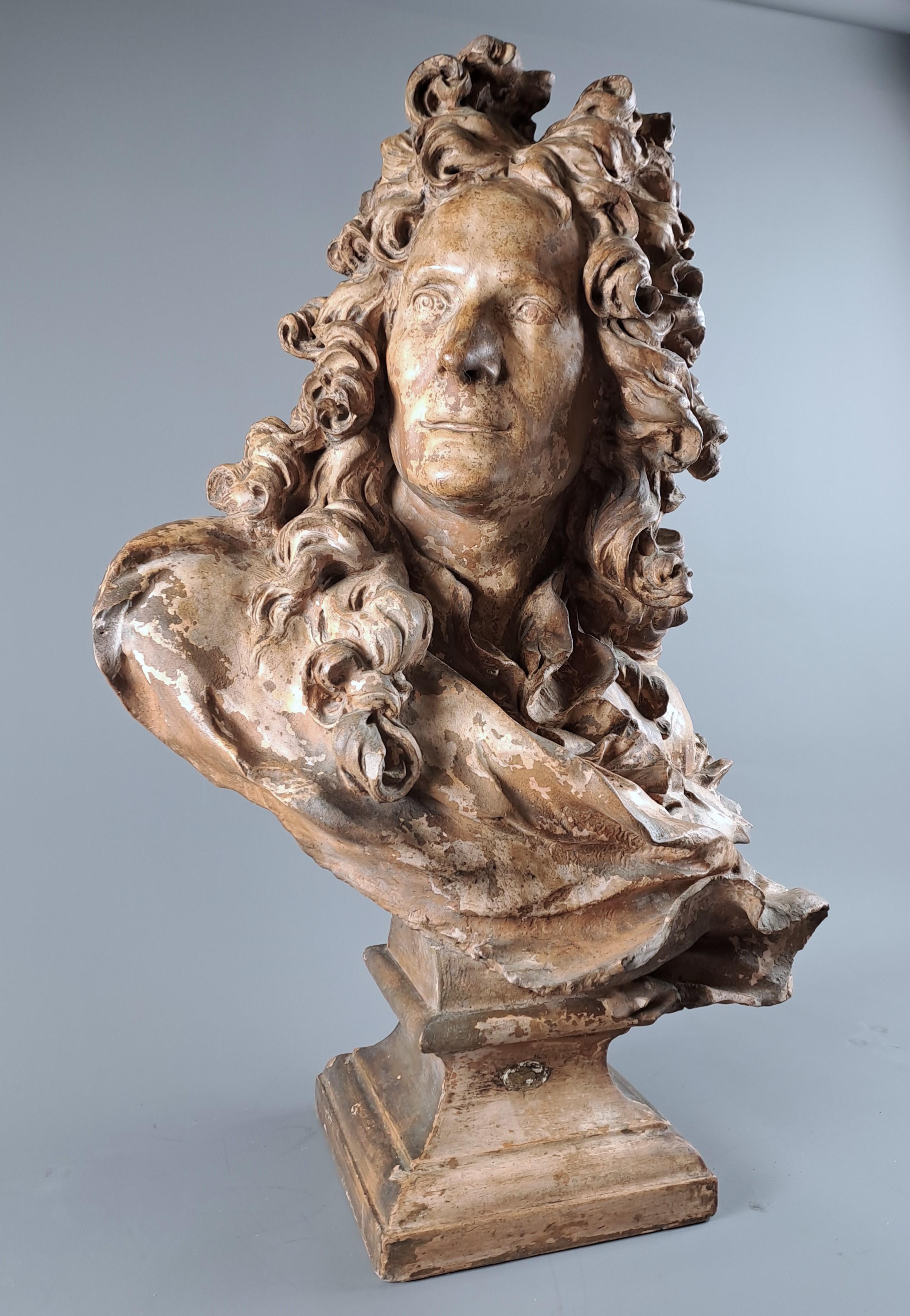 Hand-Carved Large Bust Of Corneille Van Cleve In Terracotta After Caffieri Jean-jacques For Sale