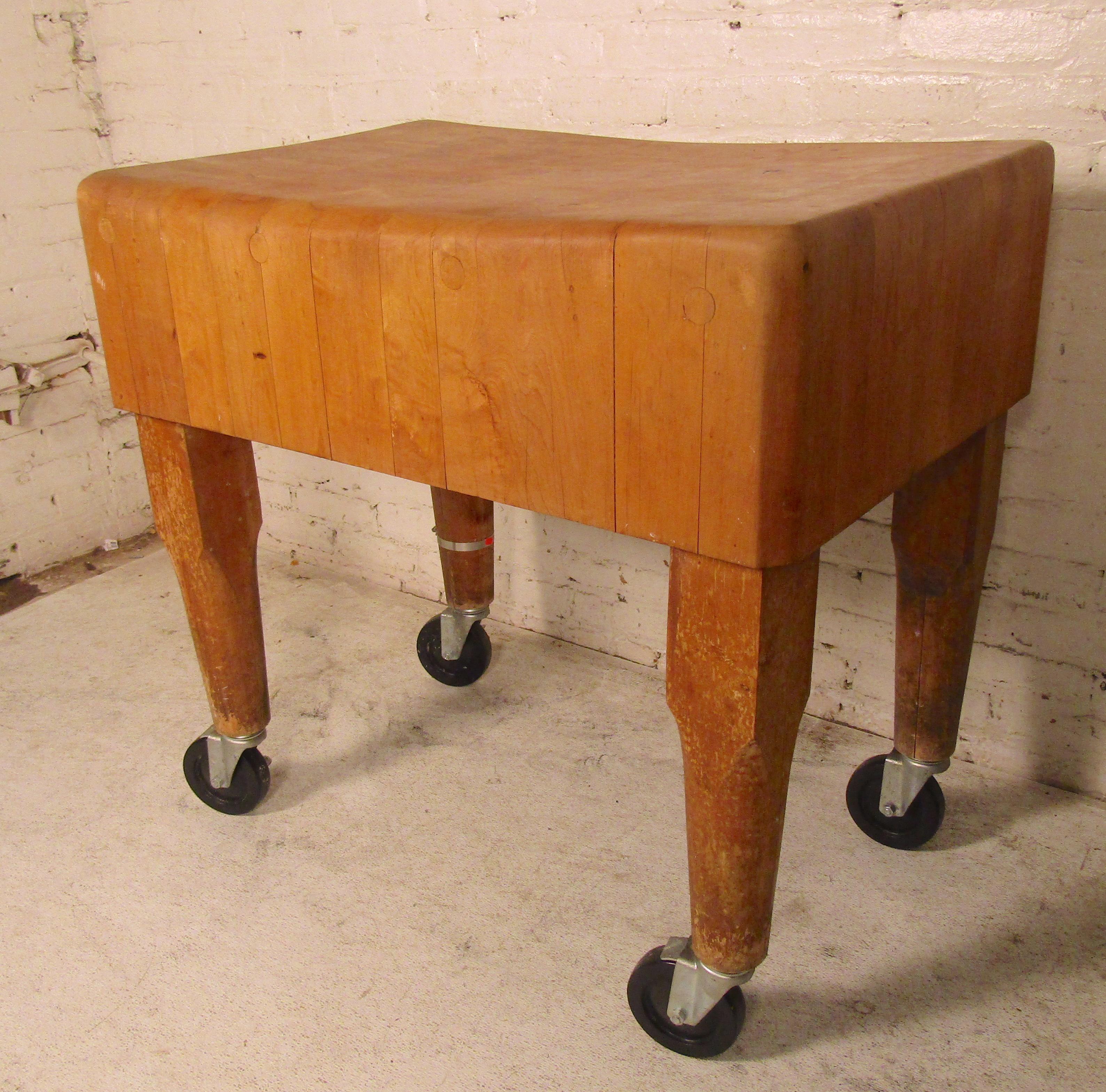 Massive butcher block table on casters. Very heavy and sturdy. Great as a kitchen island.
(Please confirm item location - NY or NJ - with dealer).
      