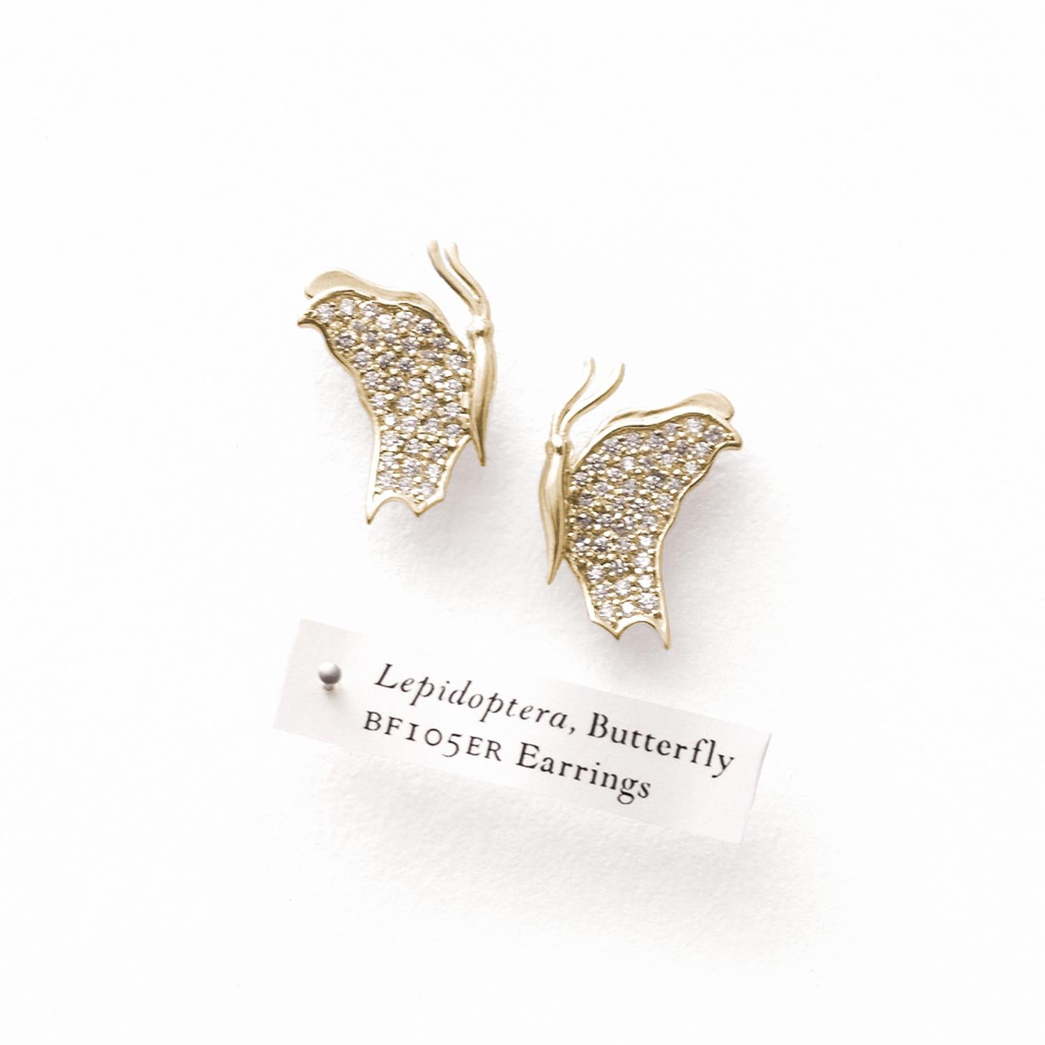 Artist Large Butterfly Diamond Earrings 14k yellow gold / Side View For Sale