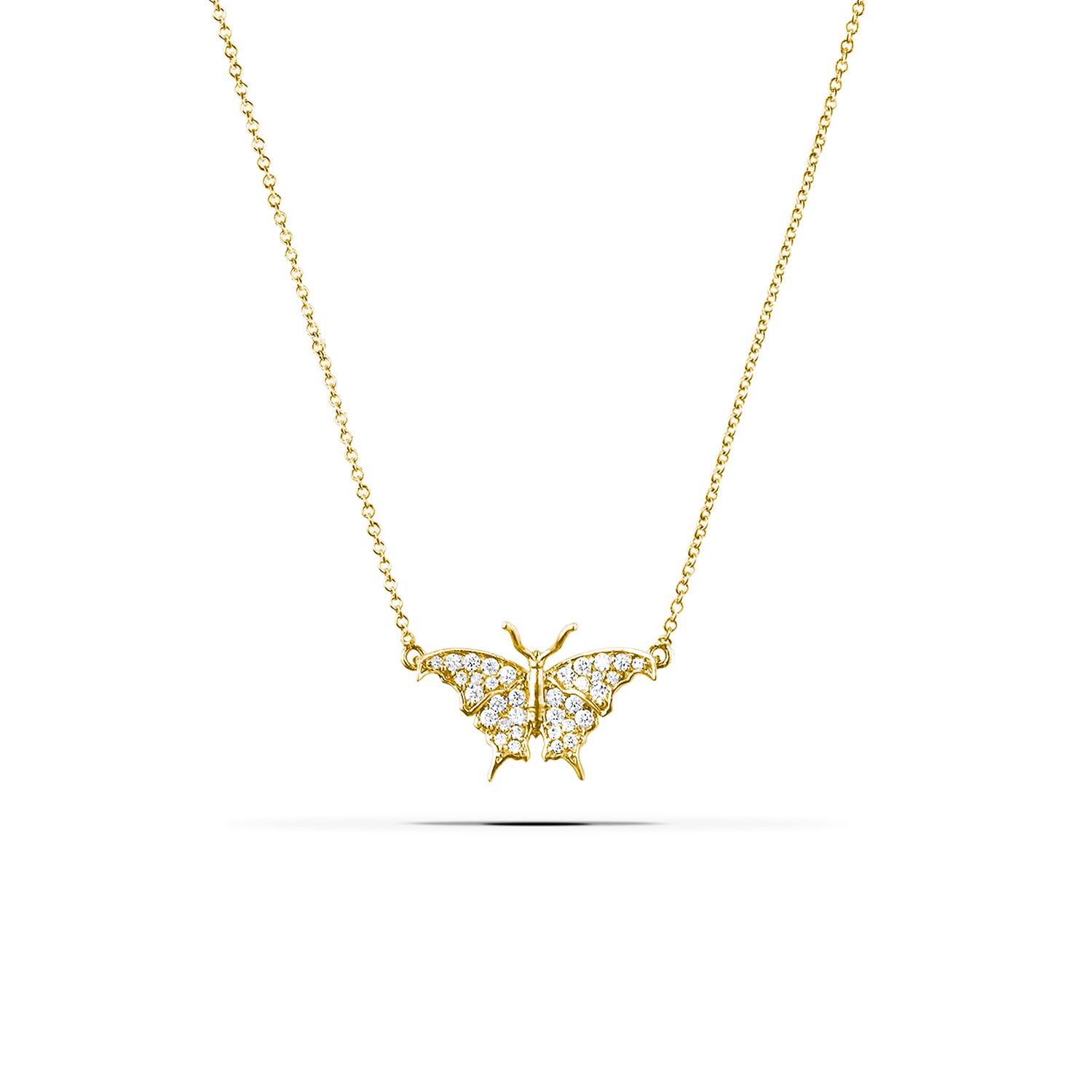 Brilliant Cut Large Butterfly Necklace front view / Yellow Gold Plated White Sapphires For Sale