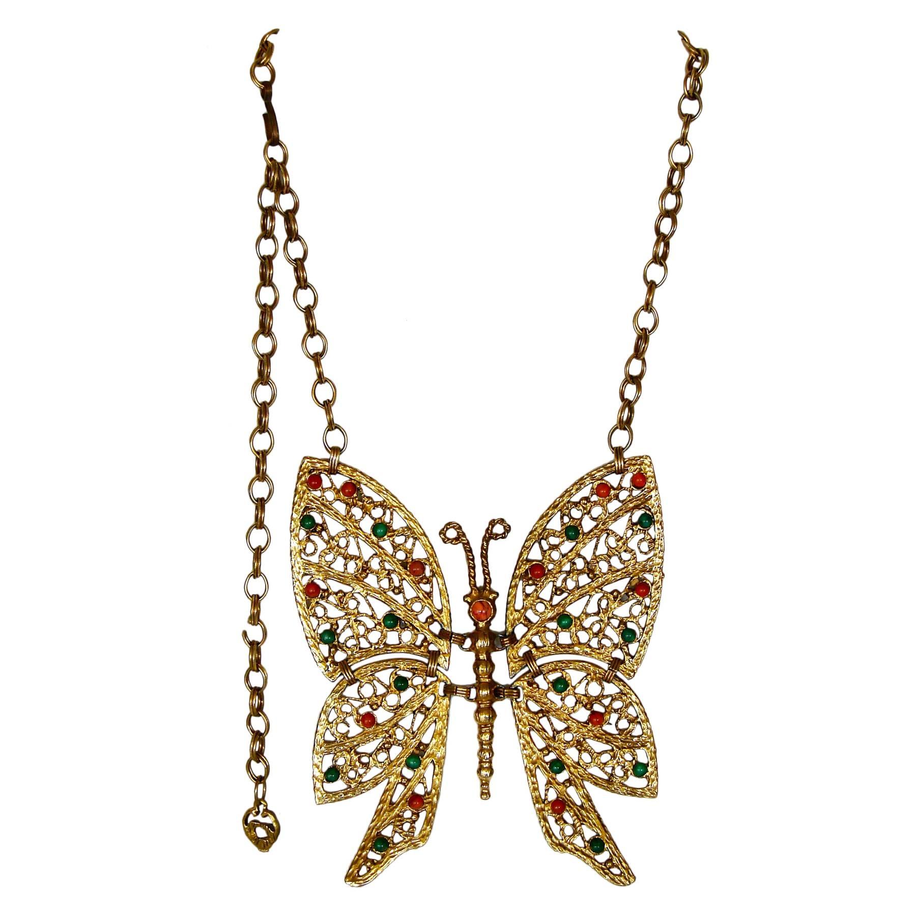 Women's Large =Butterfly Necklace Gilt Metal & Cabochons DEC Delizza & Elster 70s 
