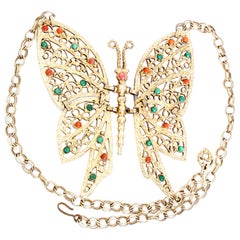 Vintage Large =Butterfly Necklace Gilt Metal & Cabochons DEC Delizza & Elster 70s 