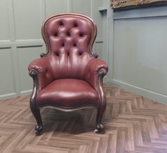 Large Button Back Salon Chair, in Burgundy Leather