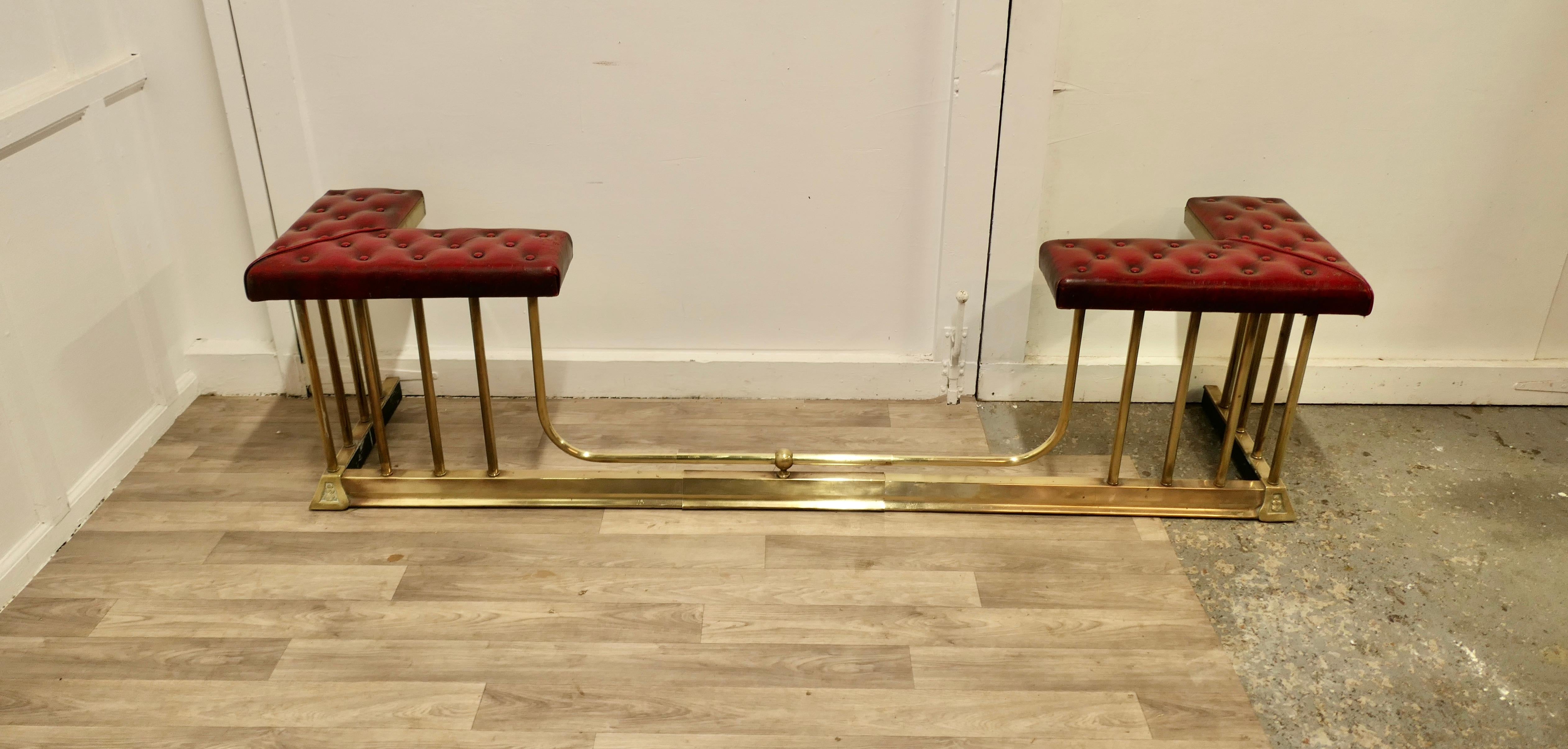 Adam Style Large Buttoned Leather Extending Brass Club Fender  This is an elegant piece For Sale