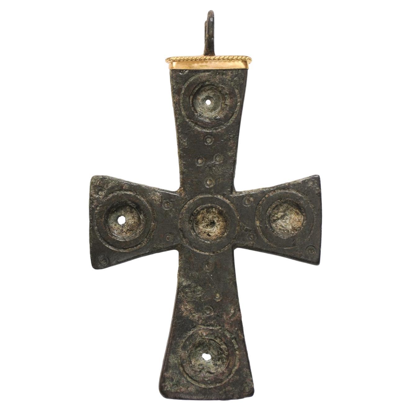 Large Byzantine Bronze Cross w 21k gold