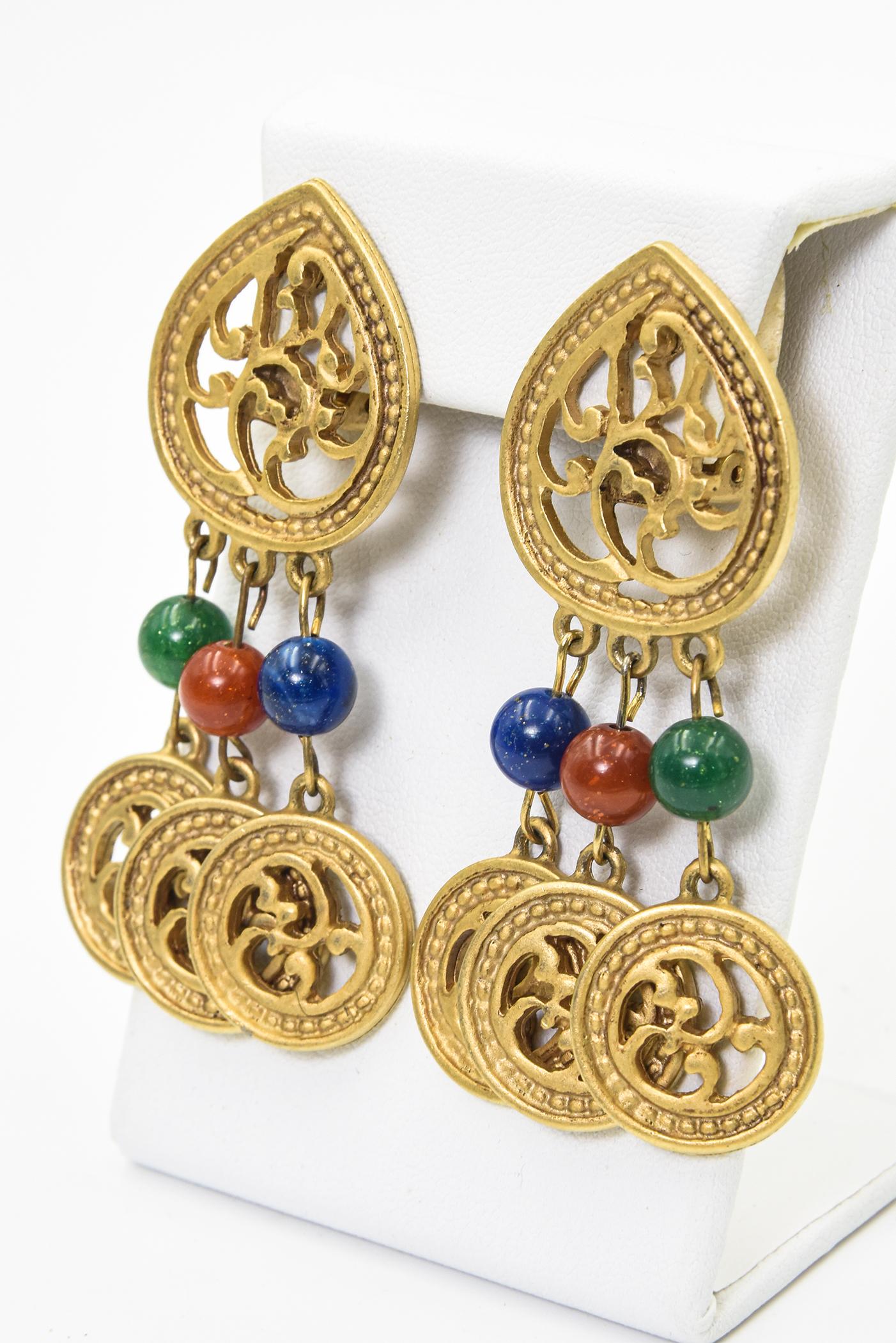 Large Byzantine Style Gold Tone Dangling Chip-on Earrings In Good Condition For Sale In Miami Beach, FL
