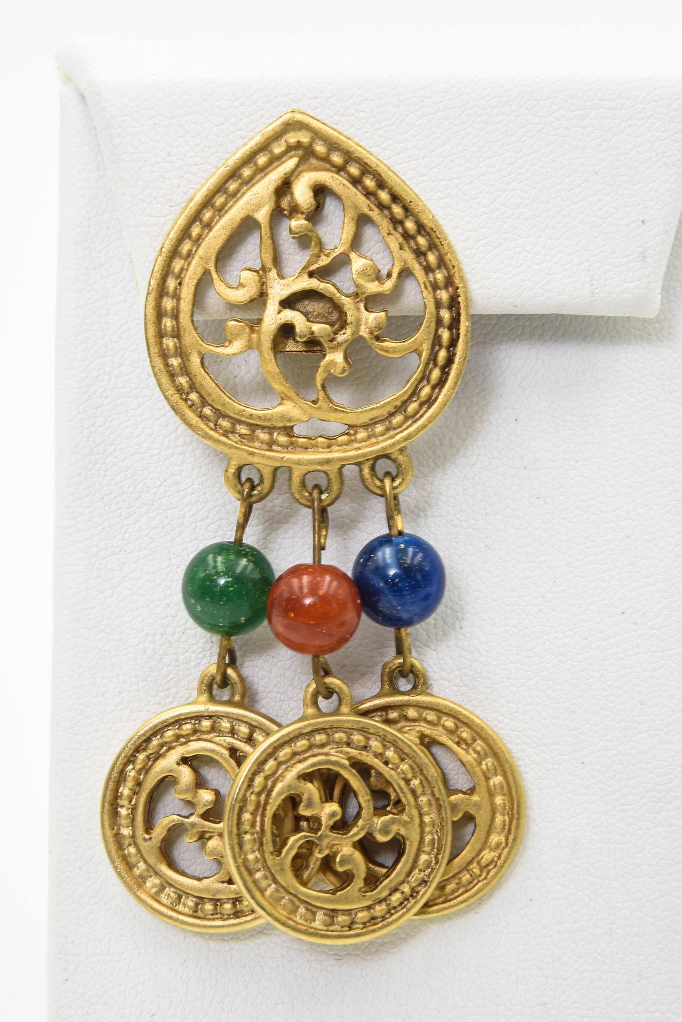 Women's Large Byzantine Style Gold Tone Dangling Chip-on Earrings For Sale