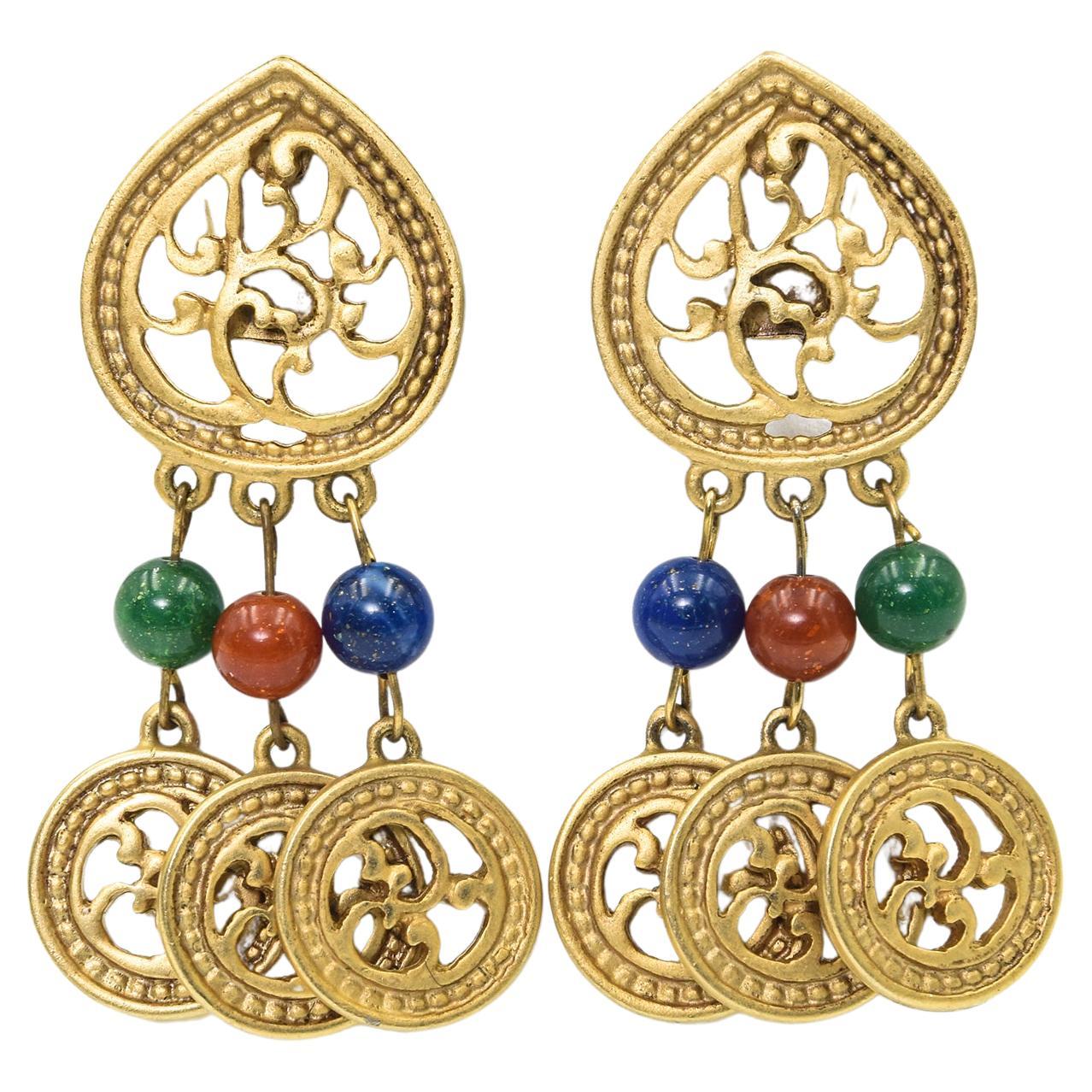Large Byzantine Style Gold Tone Dangling Chip-on Earrings For Sale