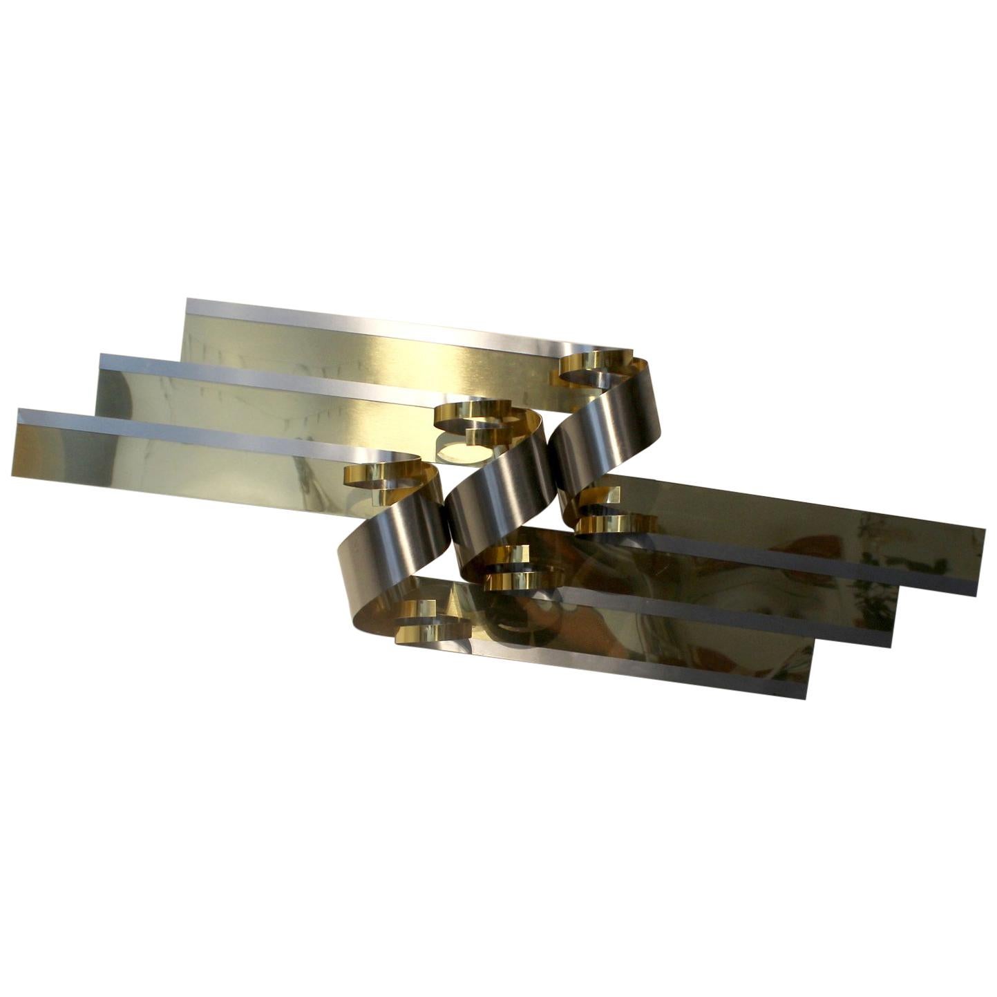 Large C. Jere Chrome and Brass Ribbon Wall Sculpture im Angebot