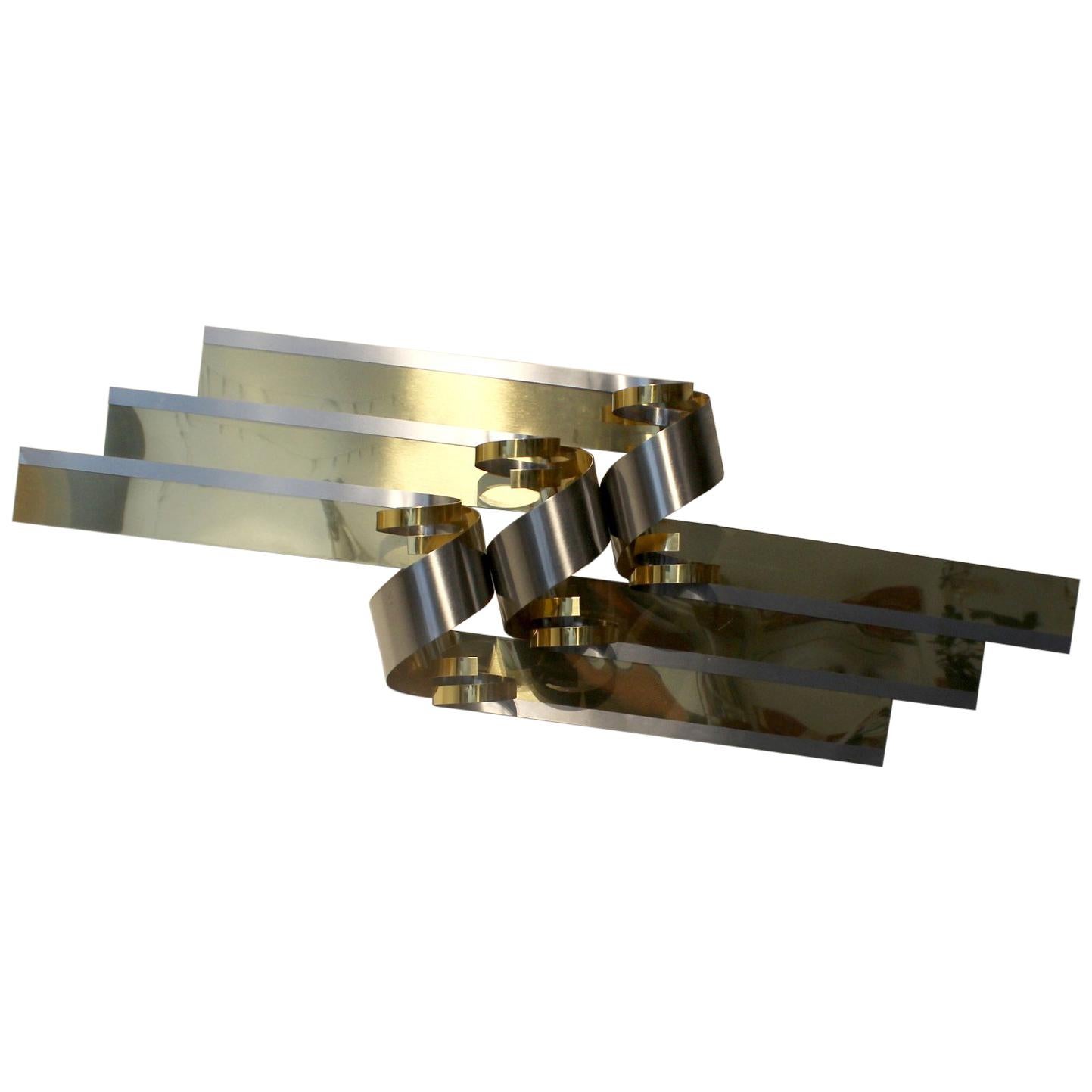 Large C. Jere Chrome and Brass Ribbon Wall Sculpture For Sale
