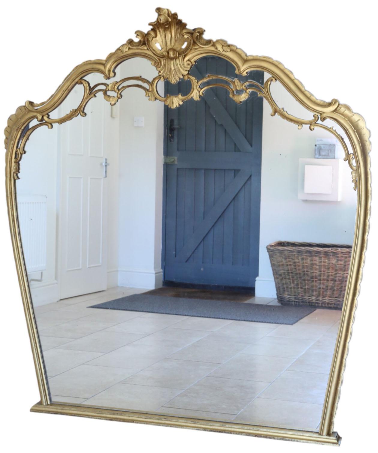 Glass Large C1920 Antique Giltwood Overmantel Wall Mirror – Ornate Gold Frame For Sale