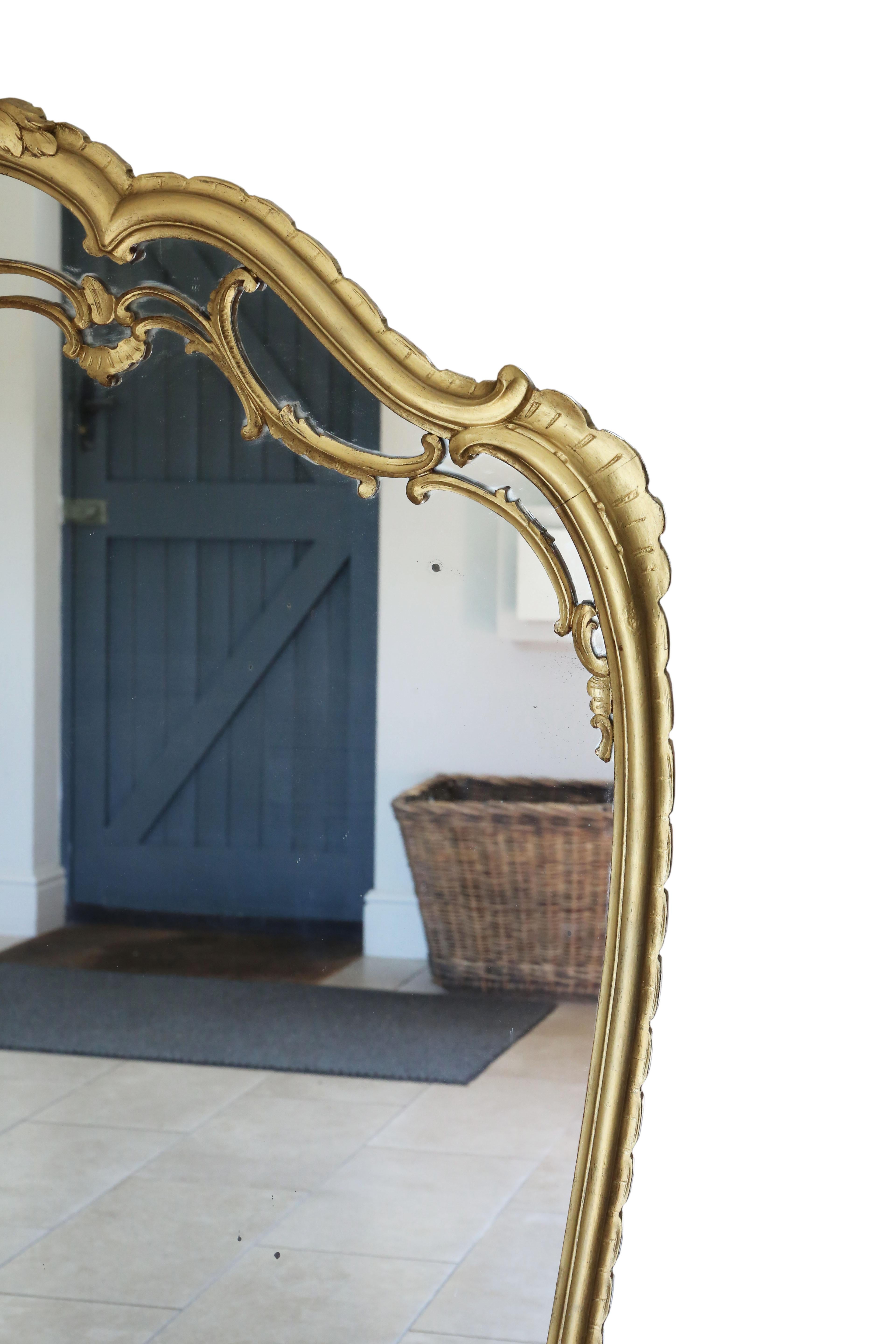 Large C1920 Antique Giltwood Overmantel Wall Mirror – Ornate Gold Frame For Sale 1