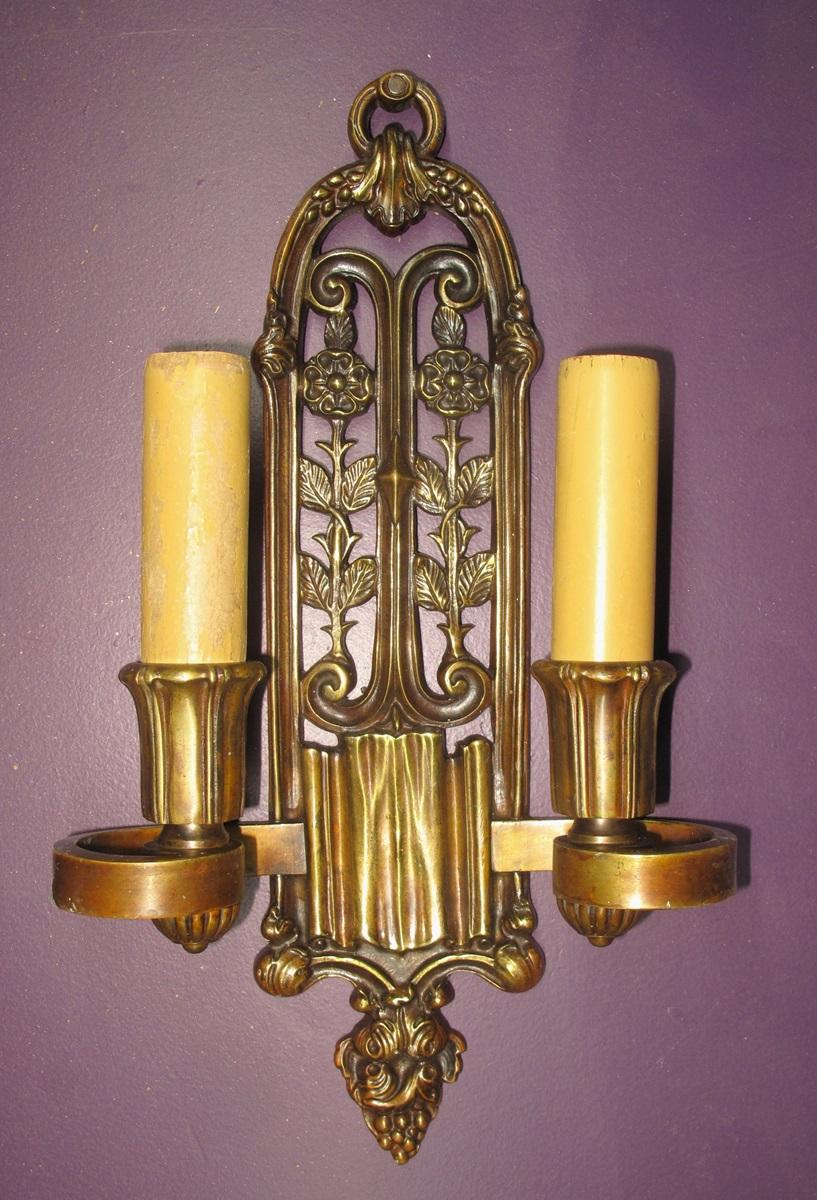 Priced and sold by the pair.
Heavy, quality made solid brass sconces which date to pre 1920. Wonderful original finish which has taken on that aged patina of almost a warm golden glow.
Very meticulous detailing throughout, especially telling in the