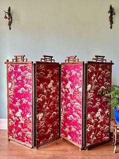 Large C19th Japanese Silk & Bamboo Screen or Room Divider