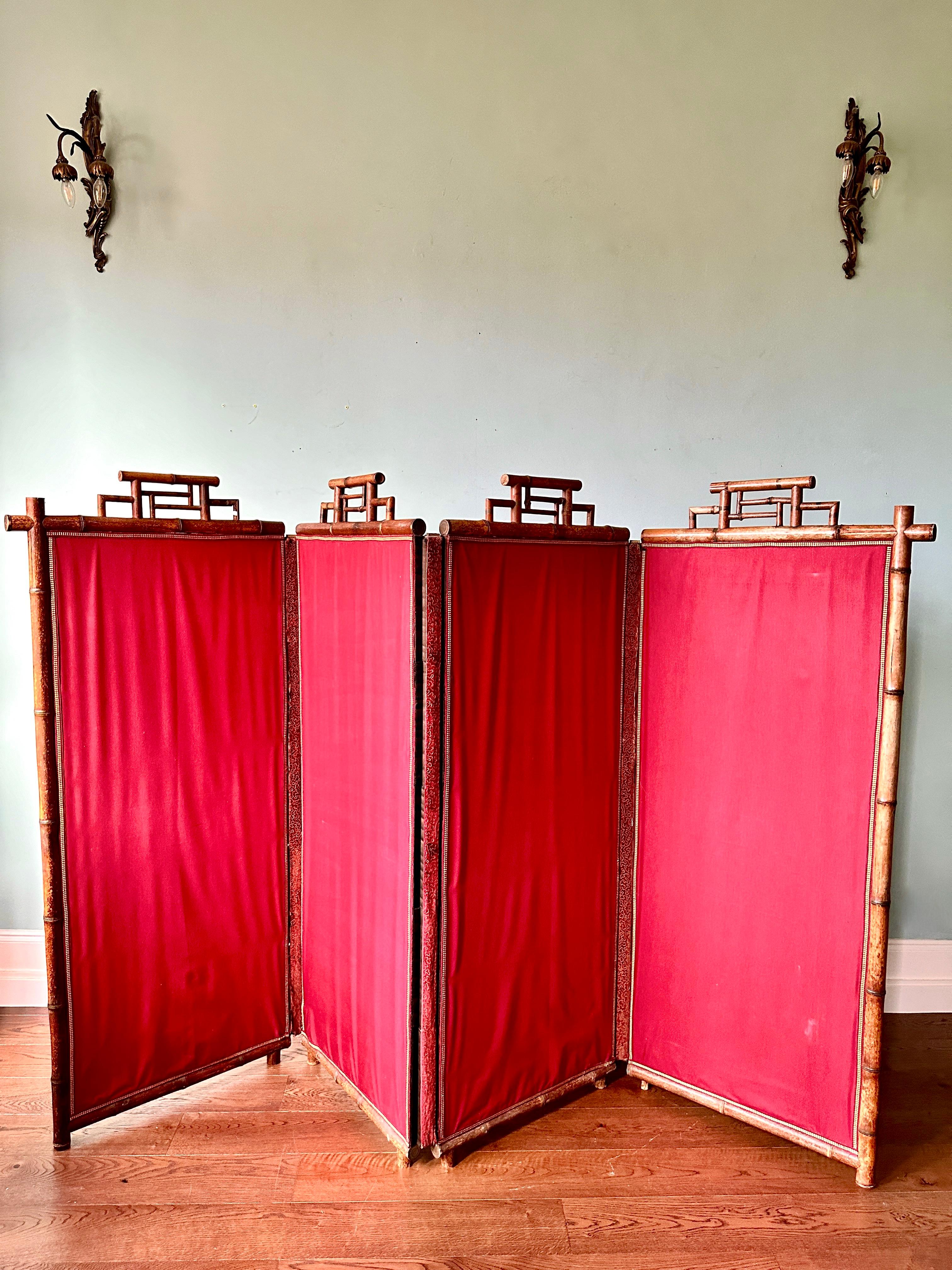 Japonisme Large C19th Japanese Silk & Bamboo Screen or Room Divider For Sale