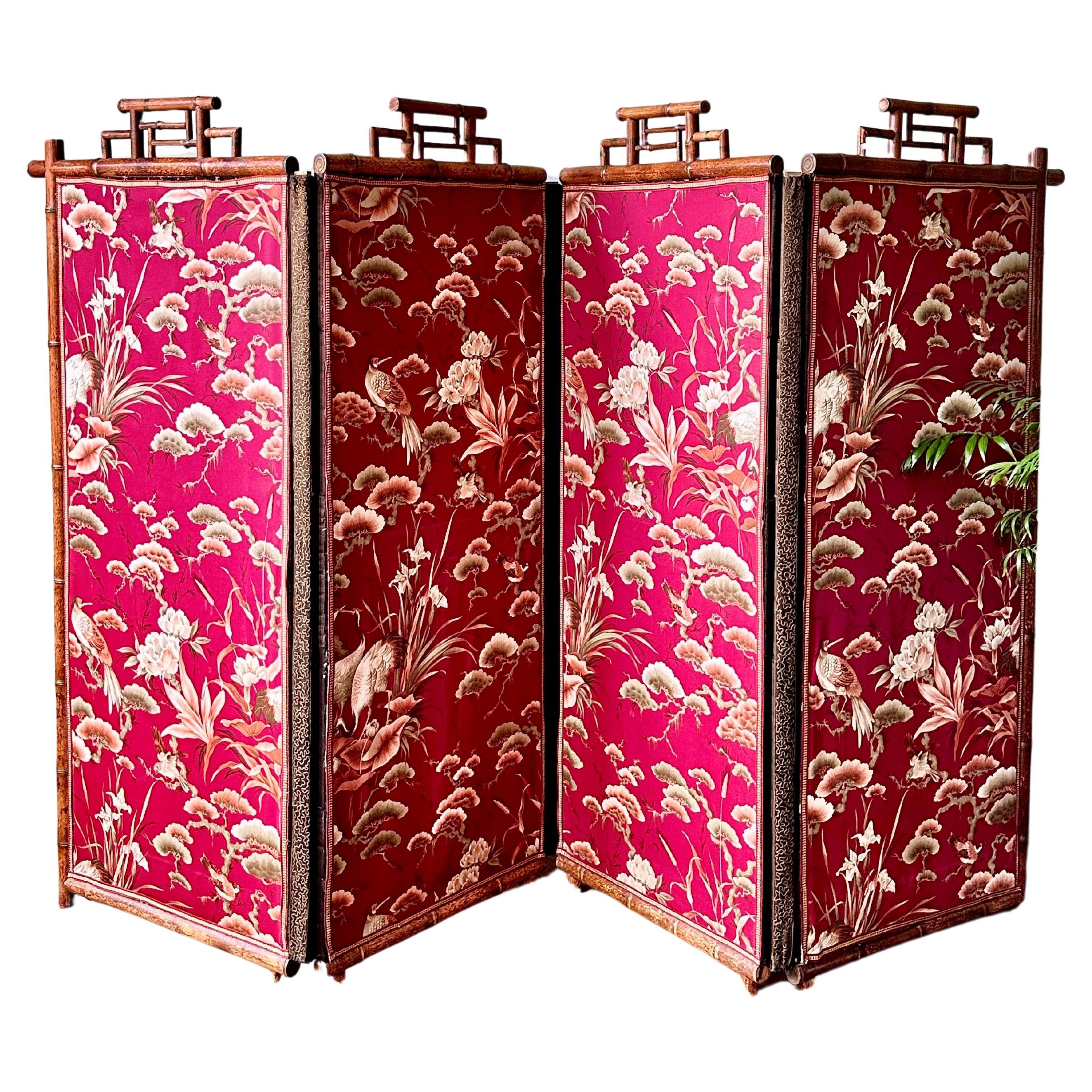 Large C19th Japanese Silk & Bamboo Screen or Room Divider For Sale