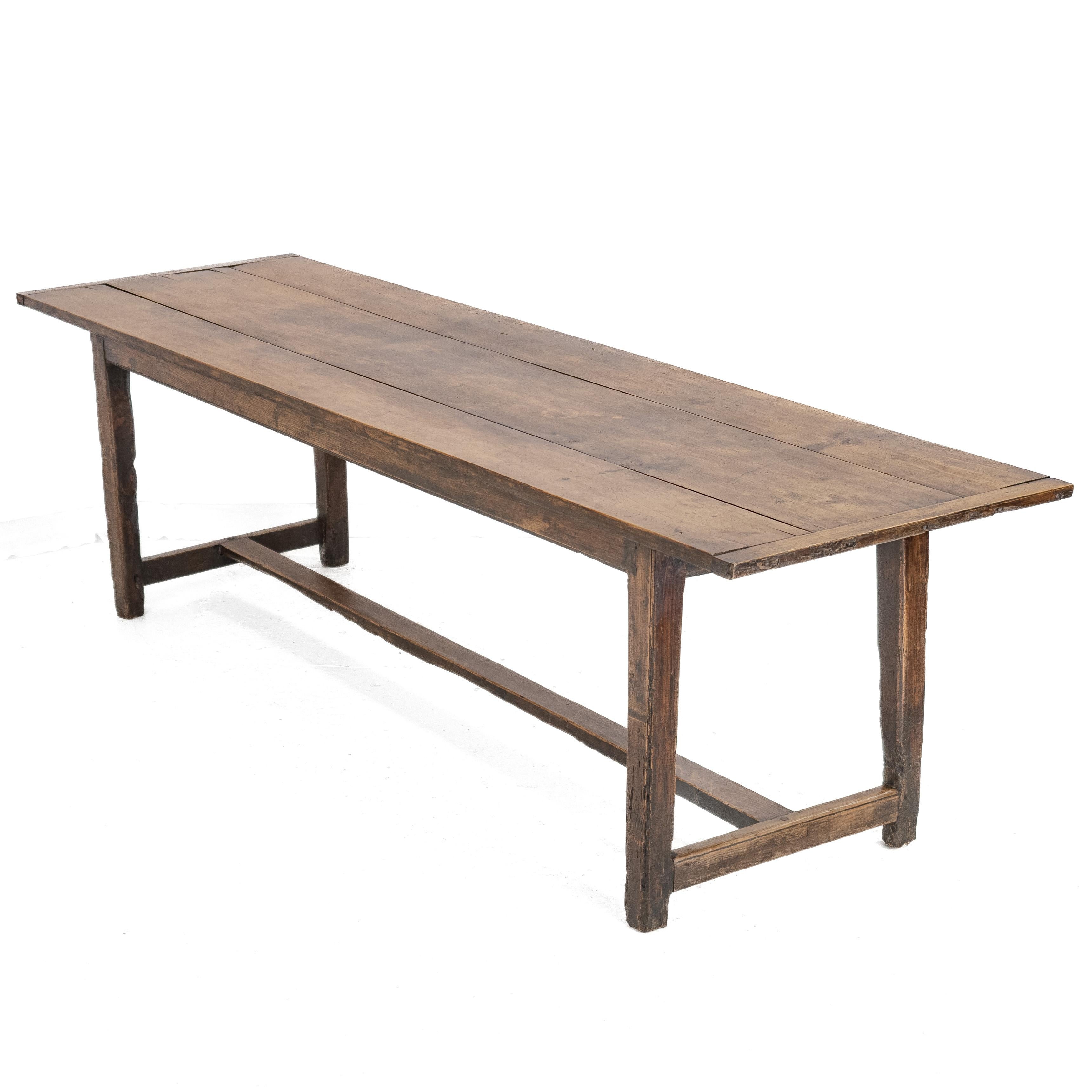 Large c.19th Pear Wood & Elm French Country Farmhouse Refectory Dining Table In Distressed Condition For Sale In Leeds, GB