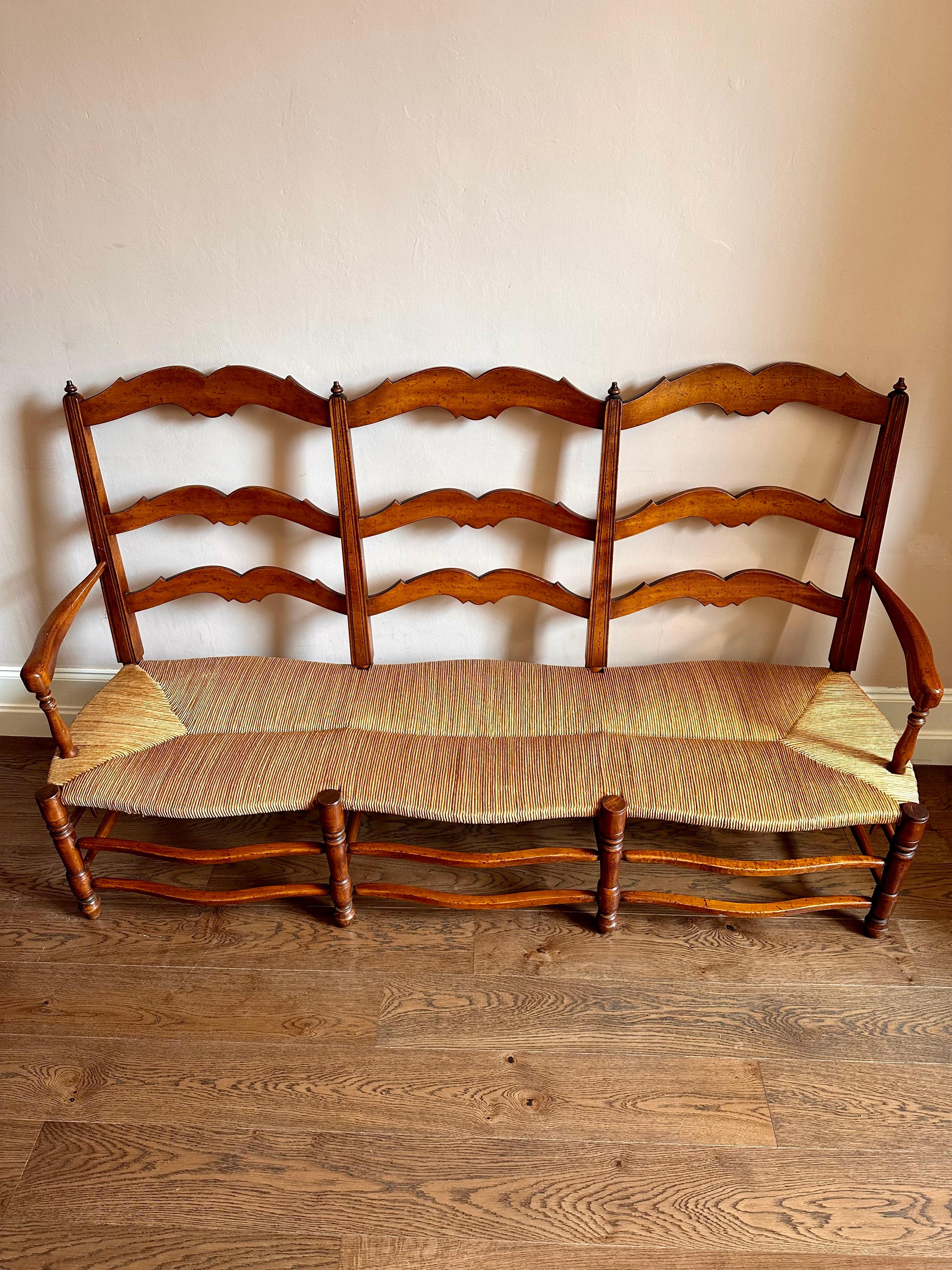 French Provincial Large C19th Provencal Cherry Wood Rush Seat Bench For Sale