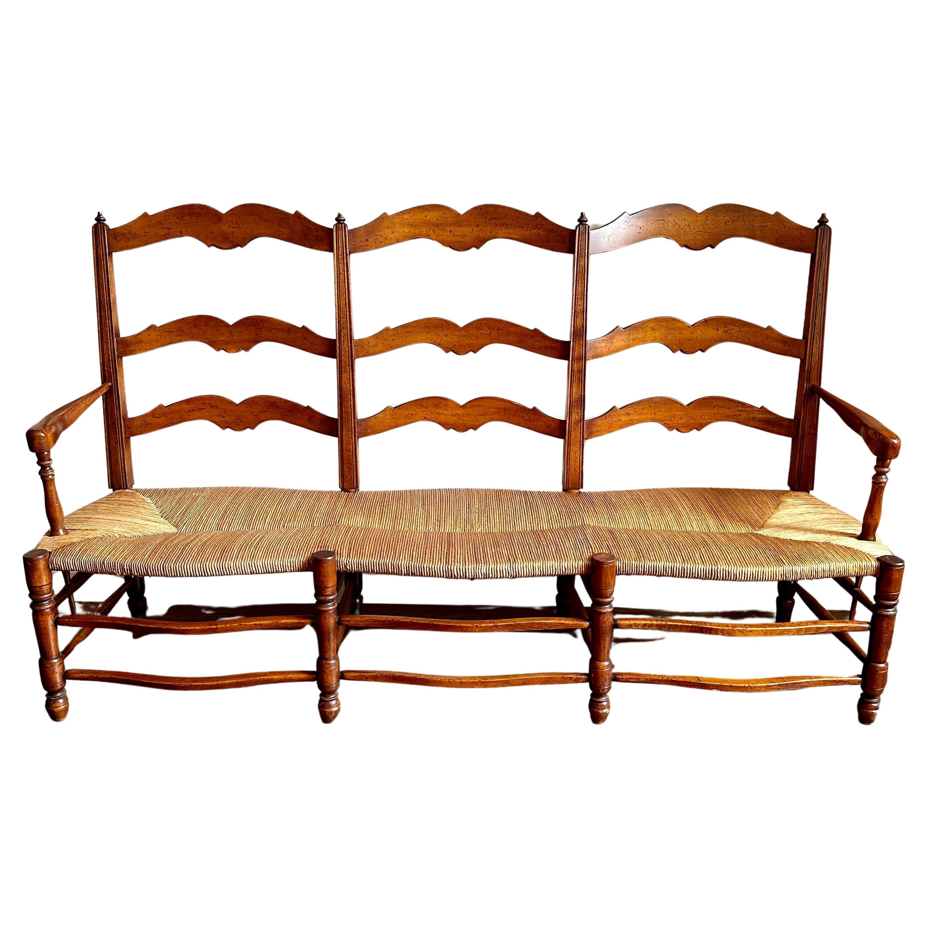 Large C19th Provencal Cherry Wood Rush Seat Bench For Sale