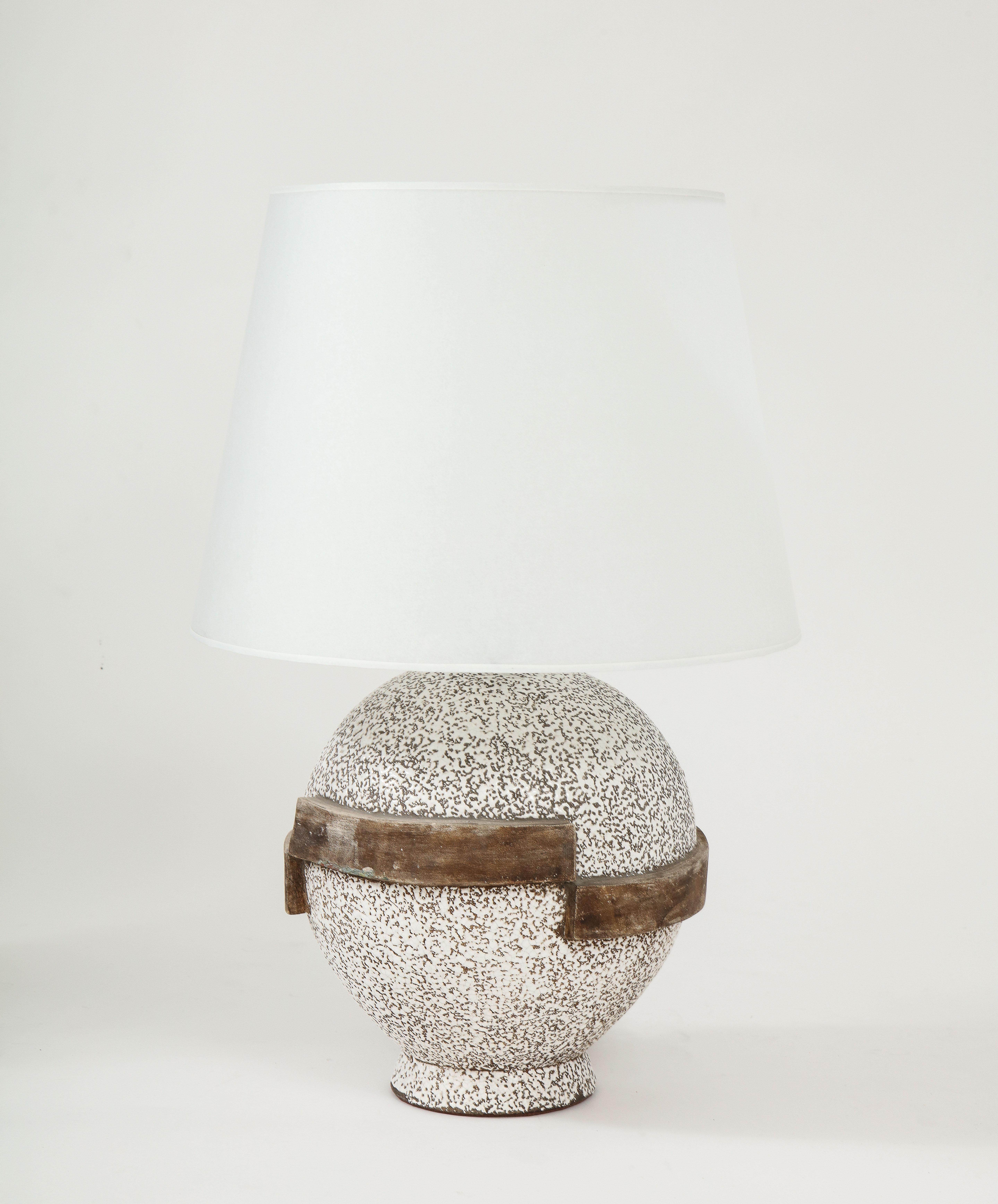 Large Mottled Ceramic Brown/white Lamp with Custom Vellum Shade, France, c. 1935-40
H: 22 H Vessel: 10.75 Diam. at widest: 10.5, Bottom of  shade: 14.5 