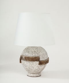 Large C.A.B. Ceramic Brown/White Lamp, Custom Parchment Shade, France, c. 1935