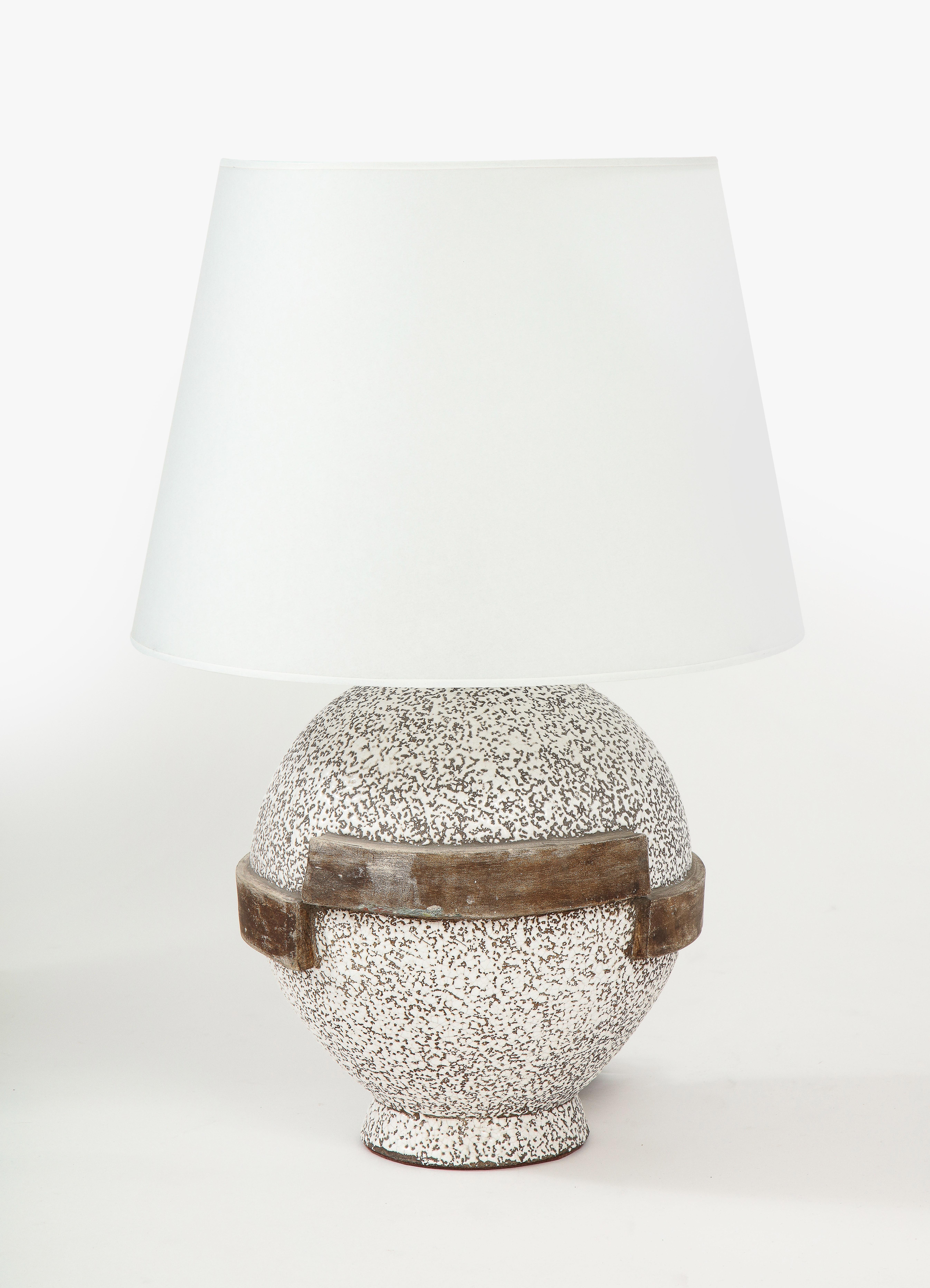 French Large C.A.B. Ceramic Brown/White Lamp, Custom Parchment Shade, France, c. 1935