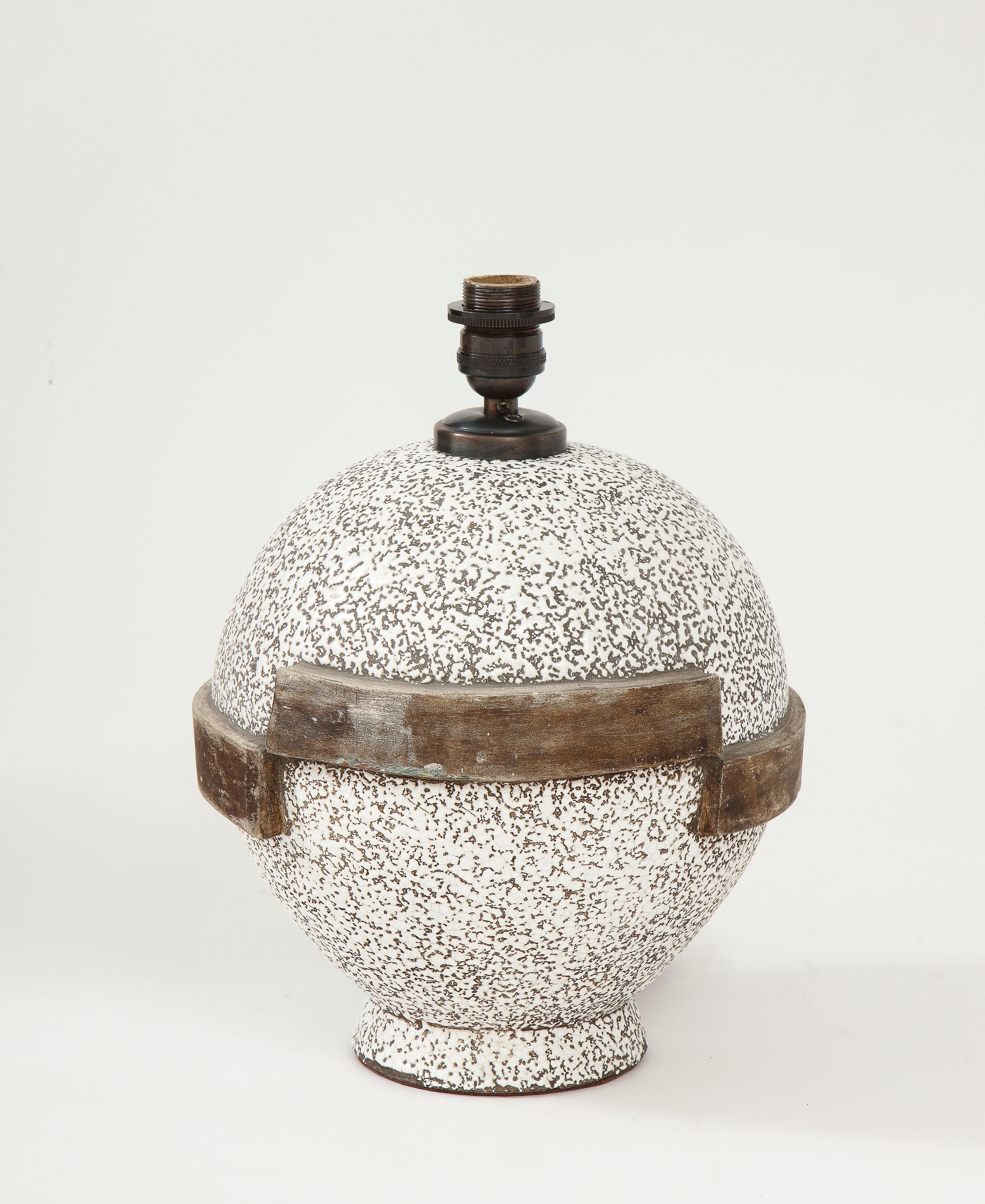Mid-20th Century Large C.A.B. Ceramic Brown/White Lamp, Custom Parchment Shade, France, c. 1935