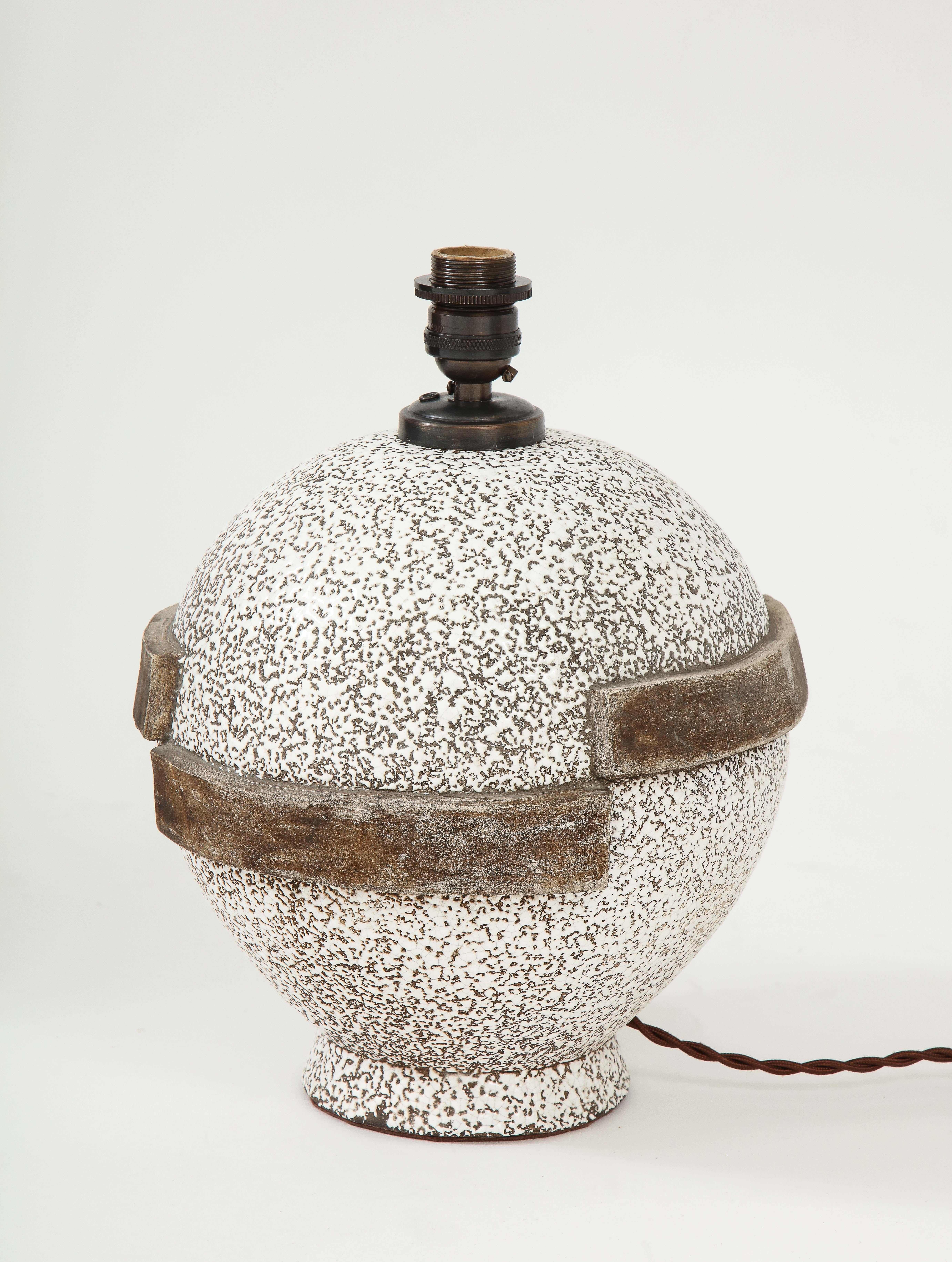 Large C.A.B. Ceramic Brown/White Lamp, Custom Parchment Shade, France, c. 1935 2