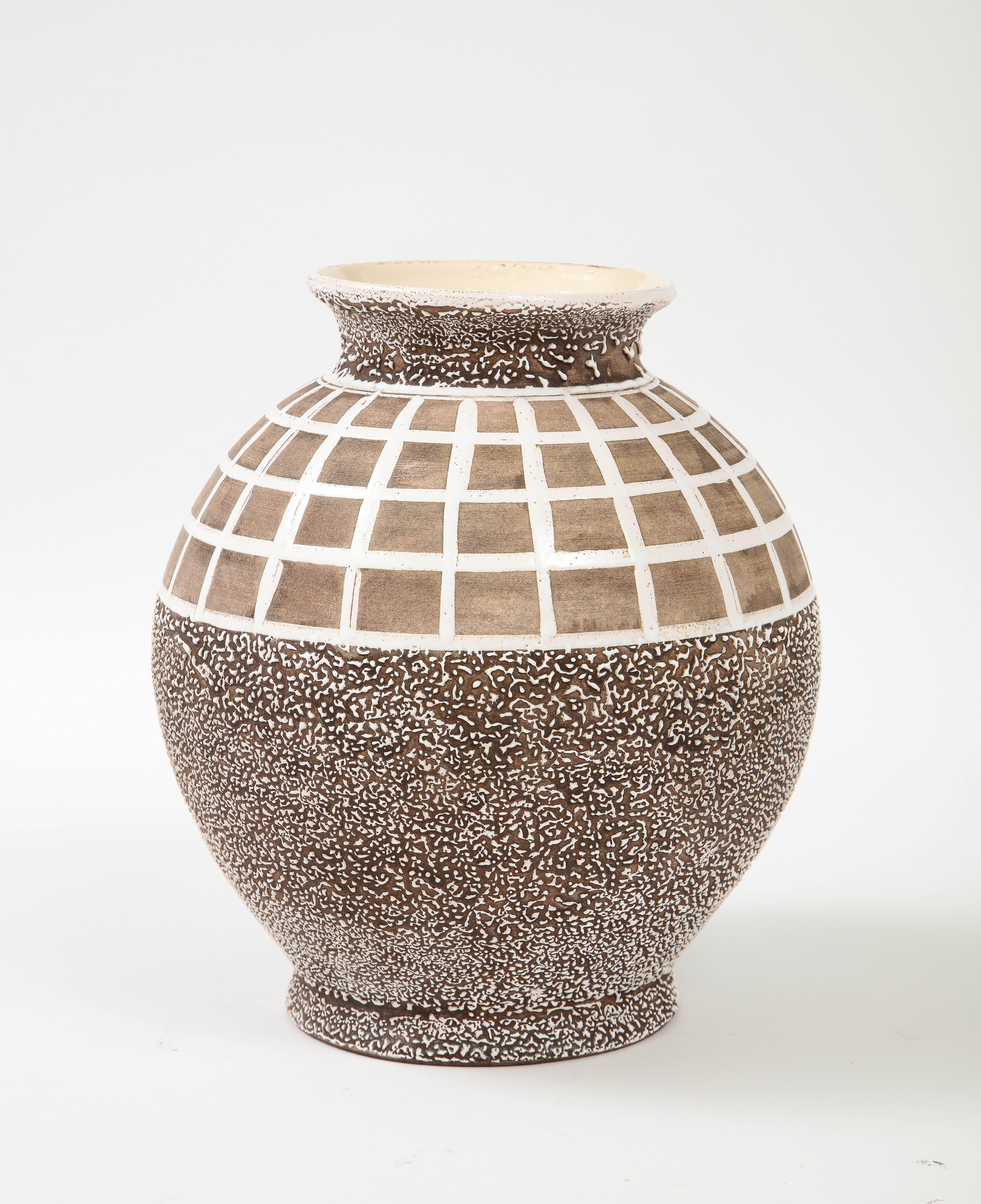 Art Deco Large CAB Vase with Lattice Design & Mottled Glaze, France, c. 1940's