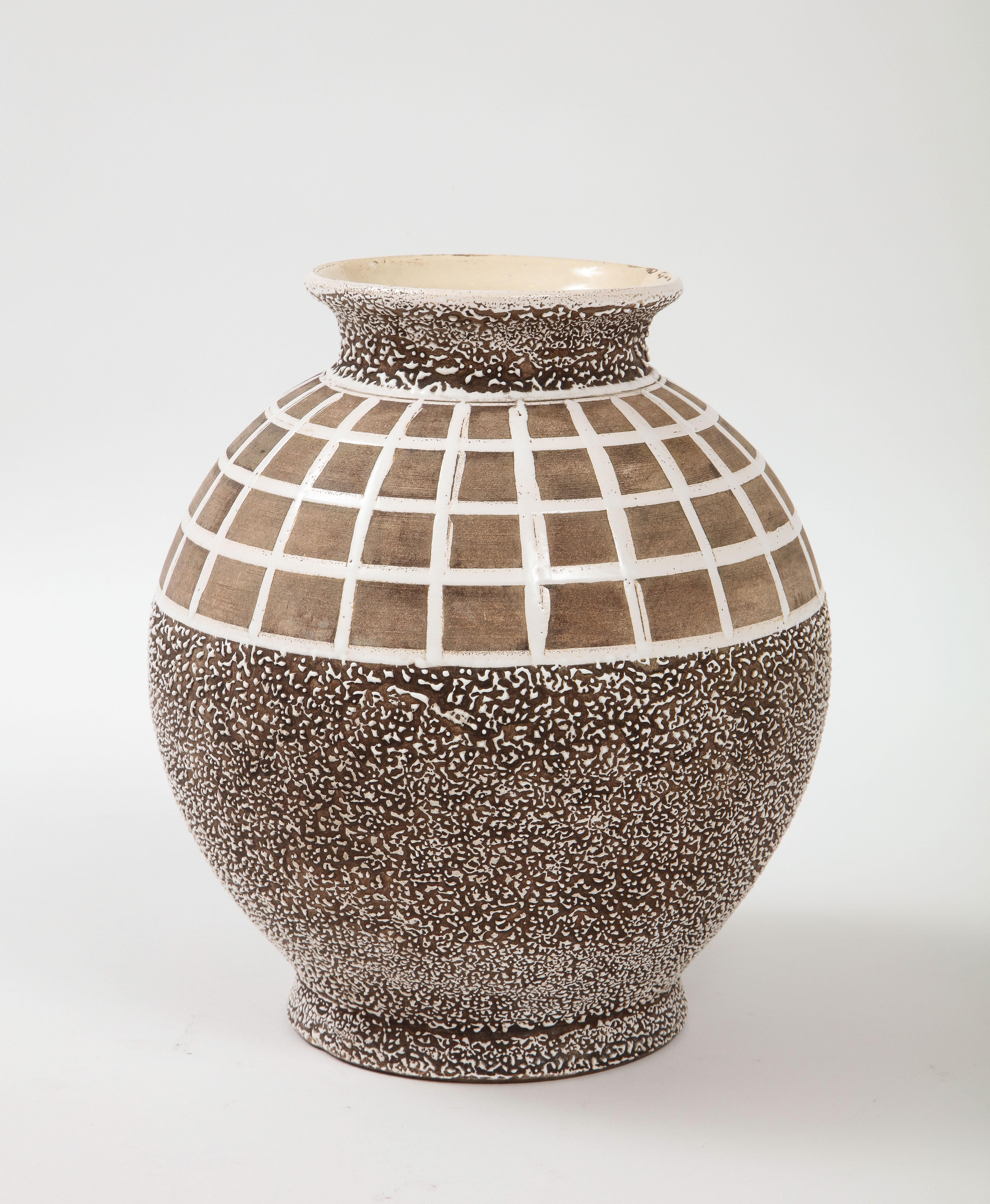 Large CAB Vase with Lattice Design & Mottled Glaze, France, c. 1940's In Good Condition In Brooklyn, NY