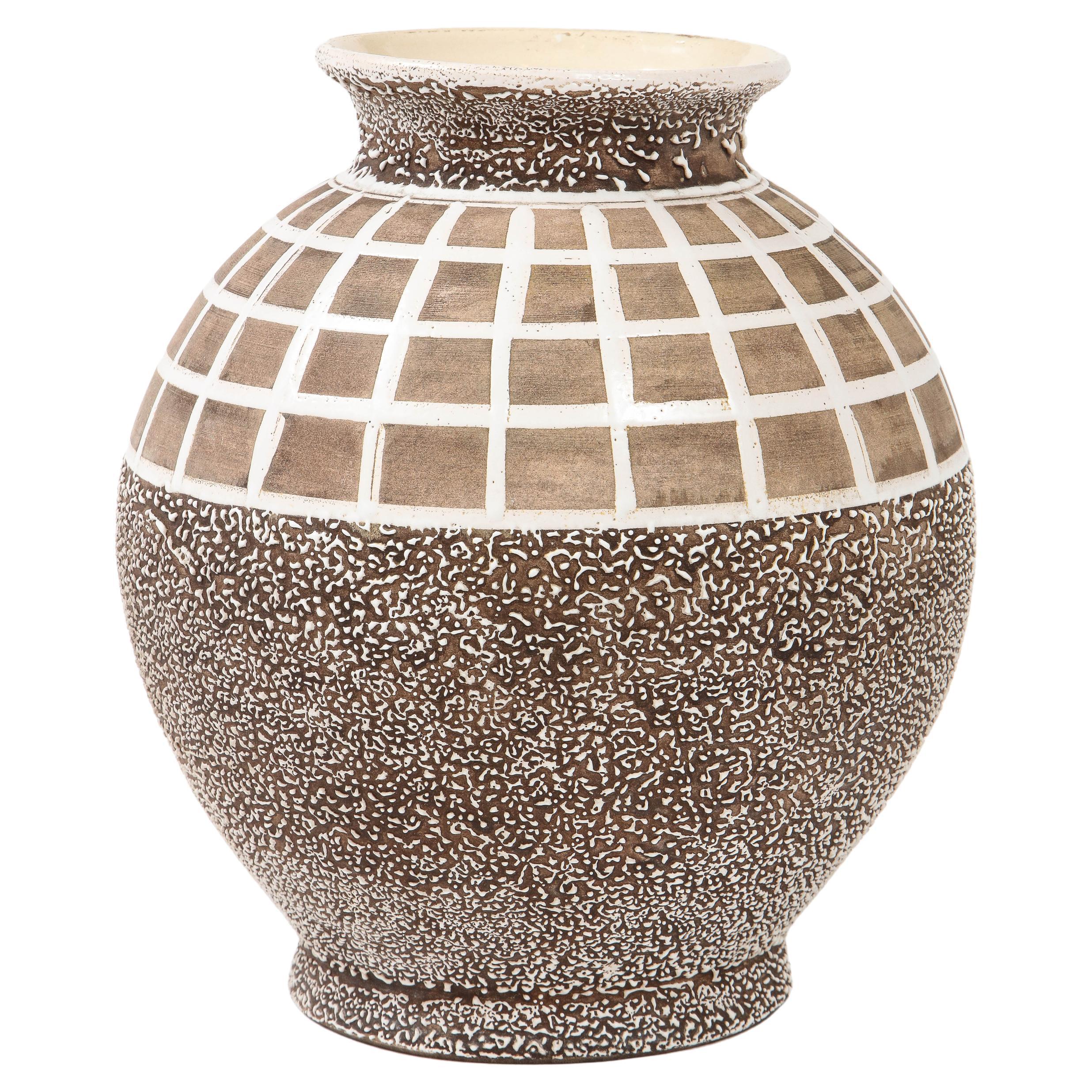 Large CAB Vase with Lattice Design & Mottled Glaze, France, c. 1940's