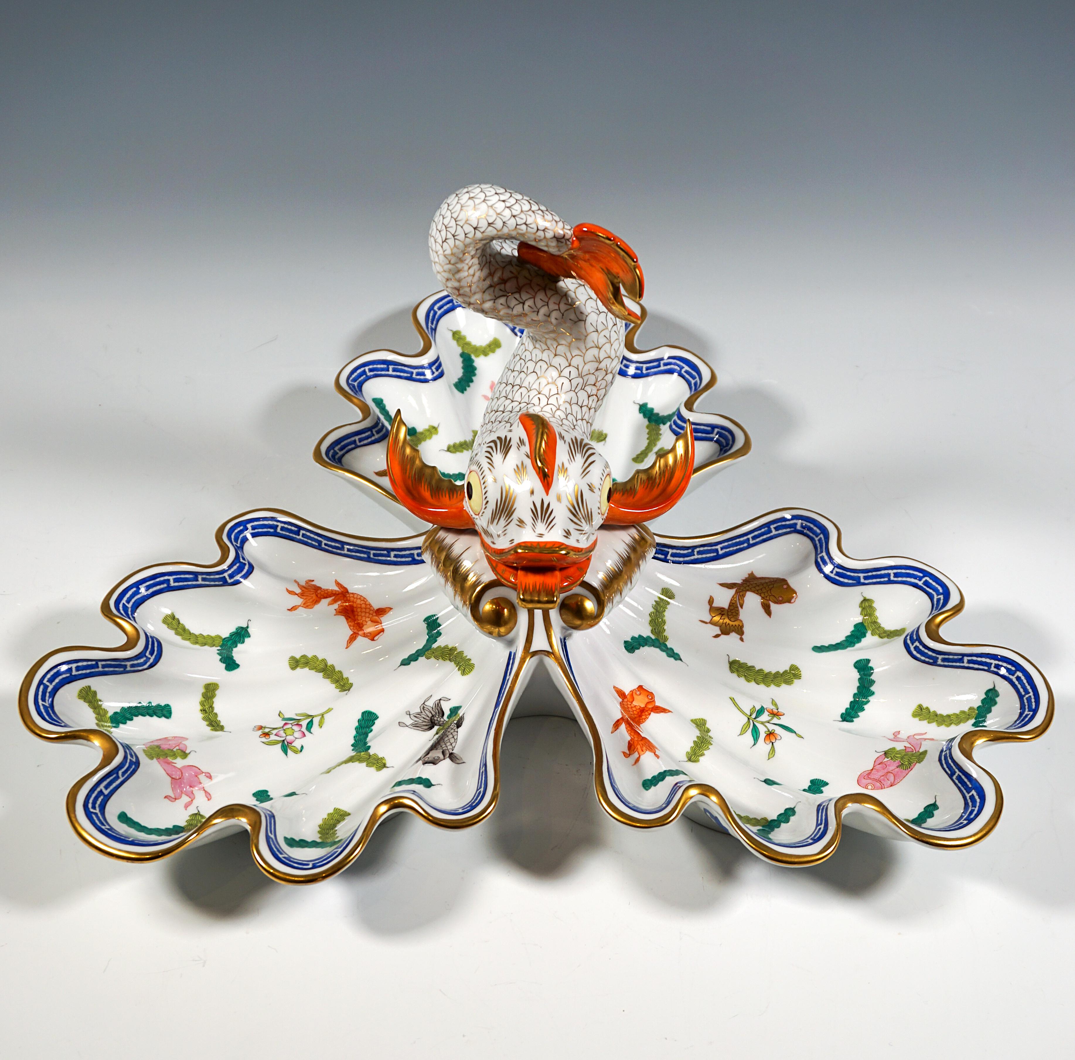 Painted Large Cabaret Bowl With Dolphin Crowning, Herend Hungary, 20th Century