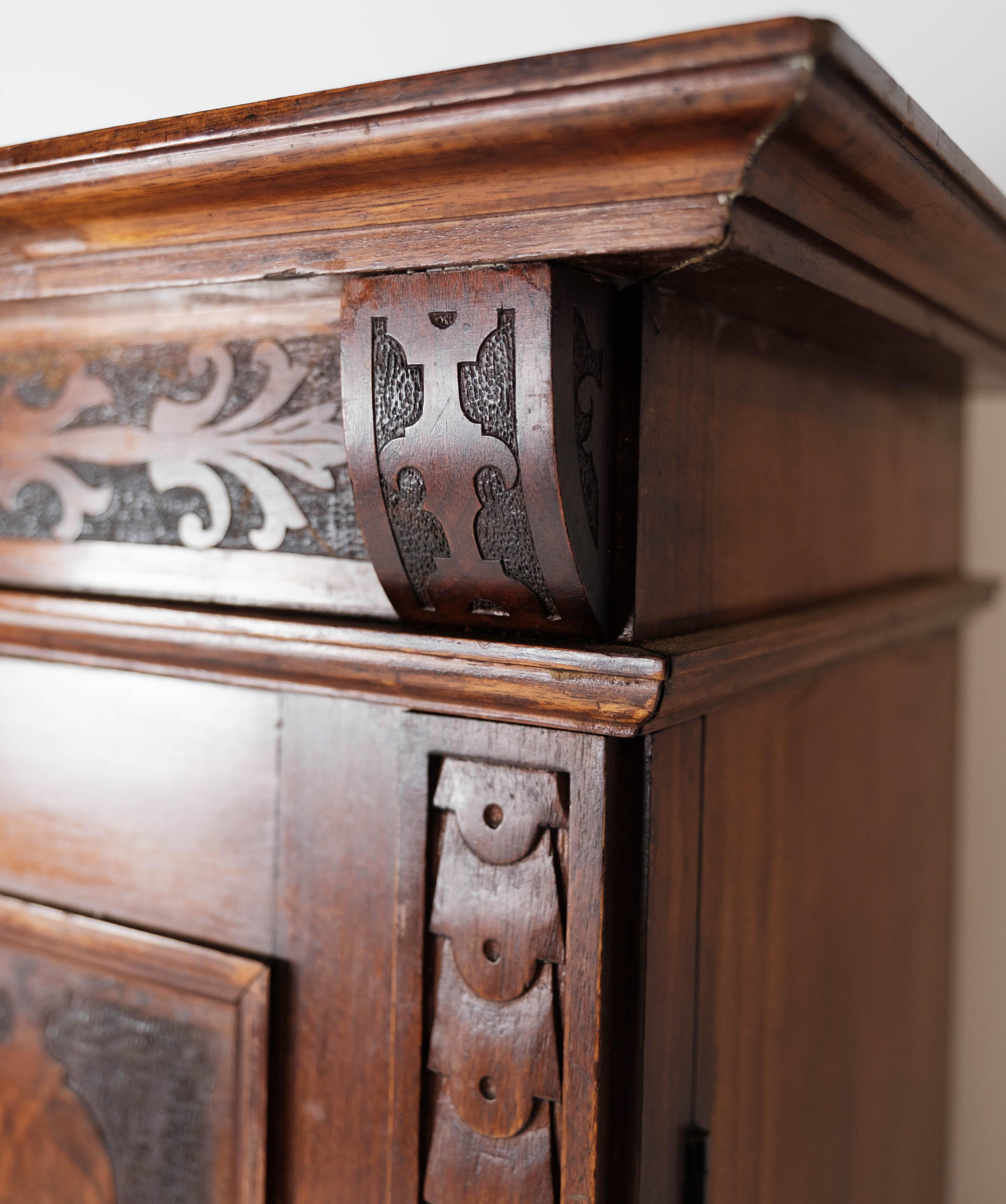 Large Cabinet of Mahogany and Walnut Decorated with Carvings, 1860s In Good Condition In Lejre, DK