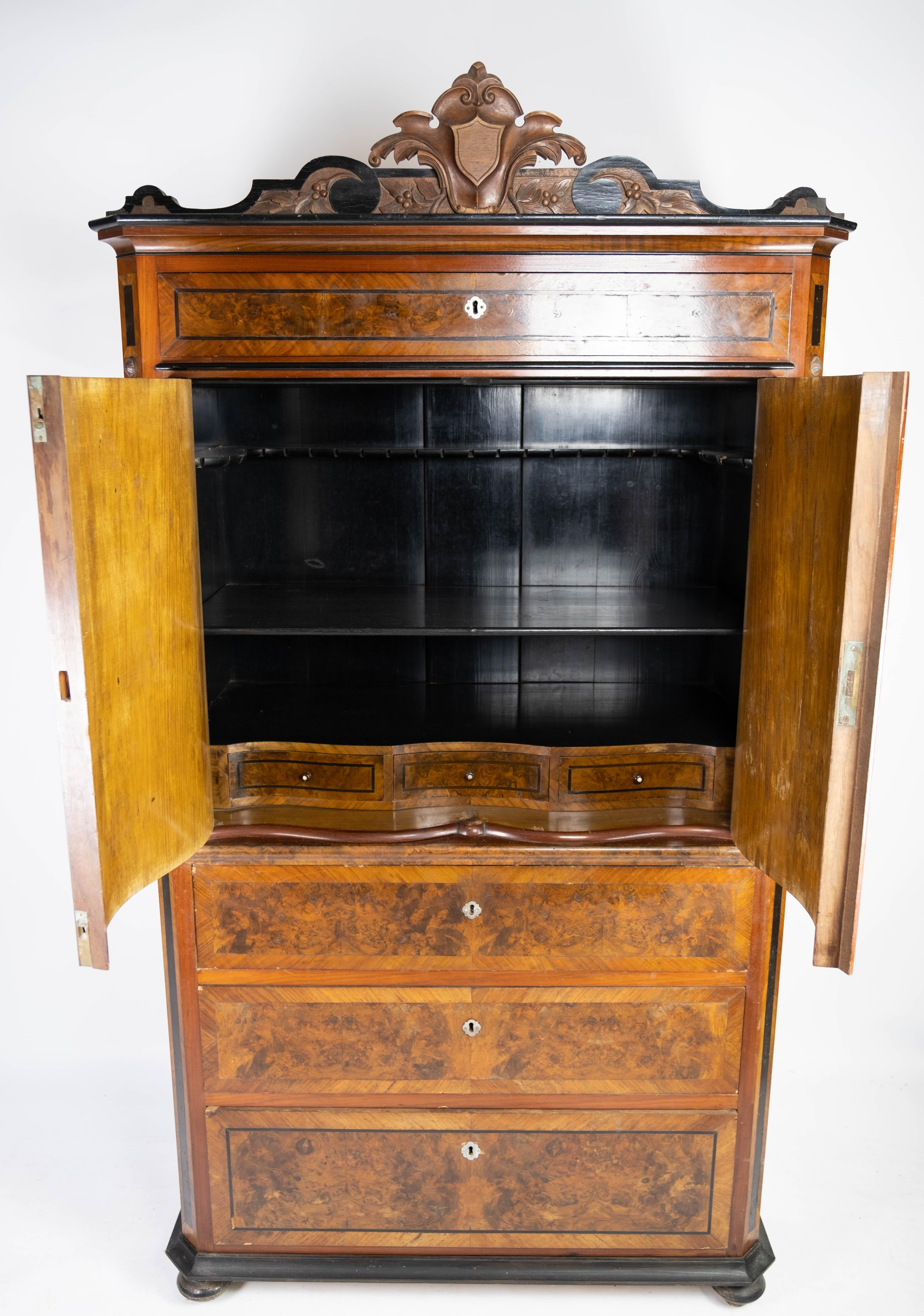 Large Cabinet Made In Polished Mahogany & Walnut From 1880s In Good Condition For Sale In Lejre, DK