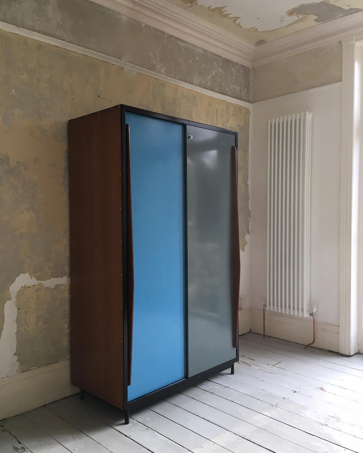 Mid-Century Modern Large Cabinet with Blue/Grey Metal Doors by Willy Van Der Meeren, Belgium, 1950s