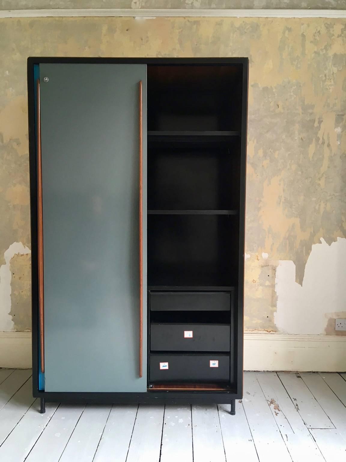 Belgian Large Cabinet with Blue/Grey Metal Doors by Willy Van Der Meeren, Belgium, 1950s