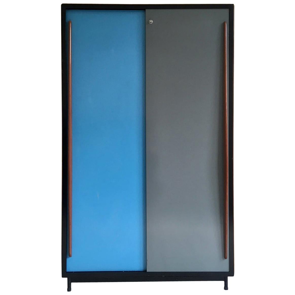 Large Cabinet with Blue/Grey Metal Doors by Willy Van Der Meeren, Belgium, 1950s