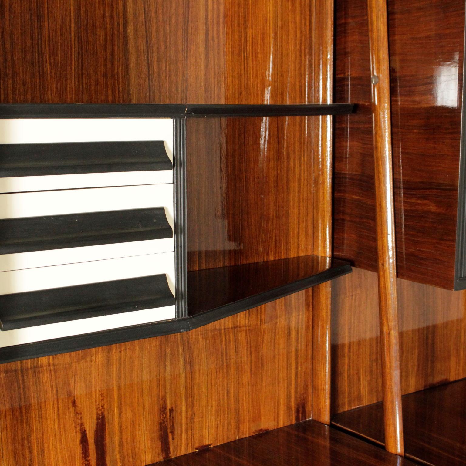 Large Cabinet Wood Veneer Brass Metal Vintage, Italy, 1950s-1960s In Good Condition In Milano, IT