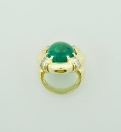 Large Cabochon Emerald and Diamond Ring in 18k Yellow Gold