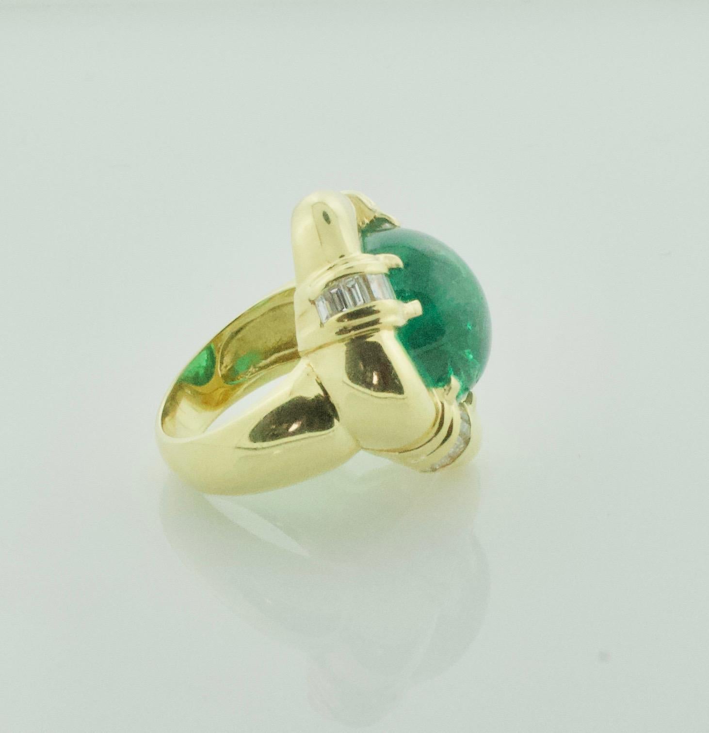 Modern Large Cabochon Emerald and Diamond Ring in 18k Yellow Gold For Sale