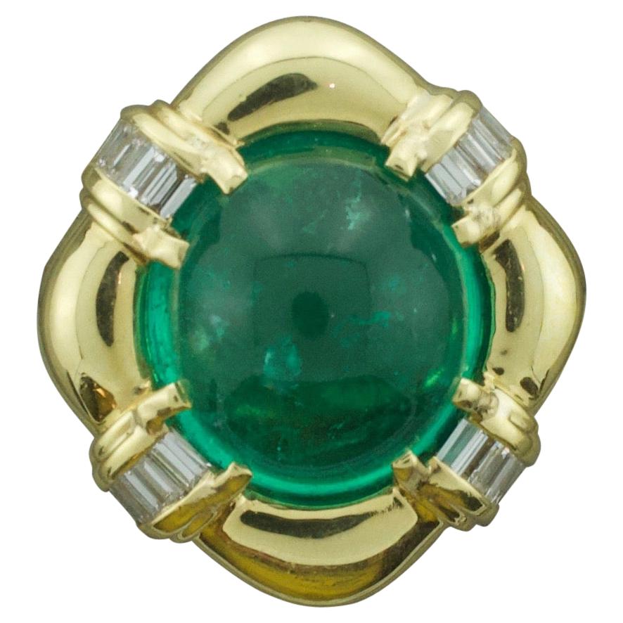 Large Cabochon Emerald and Diamond Ring in 18k Yellow Gold
